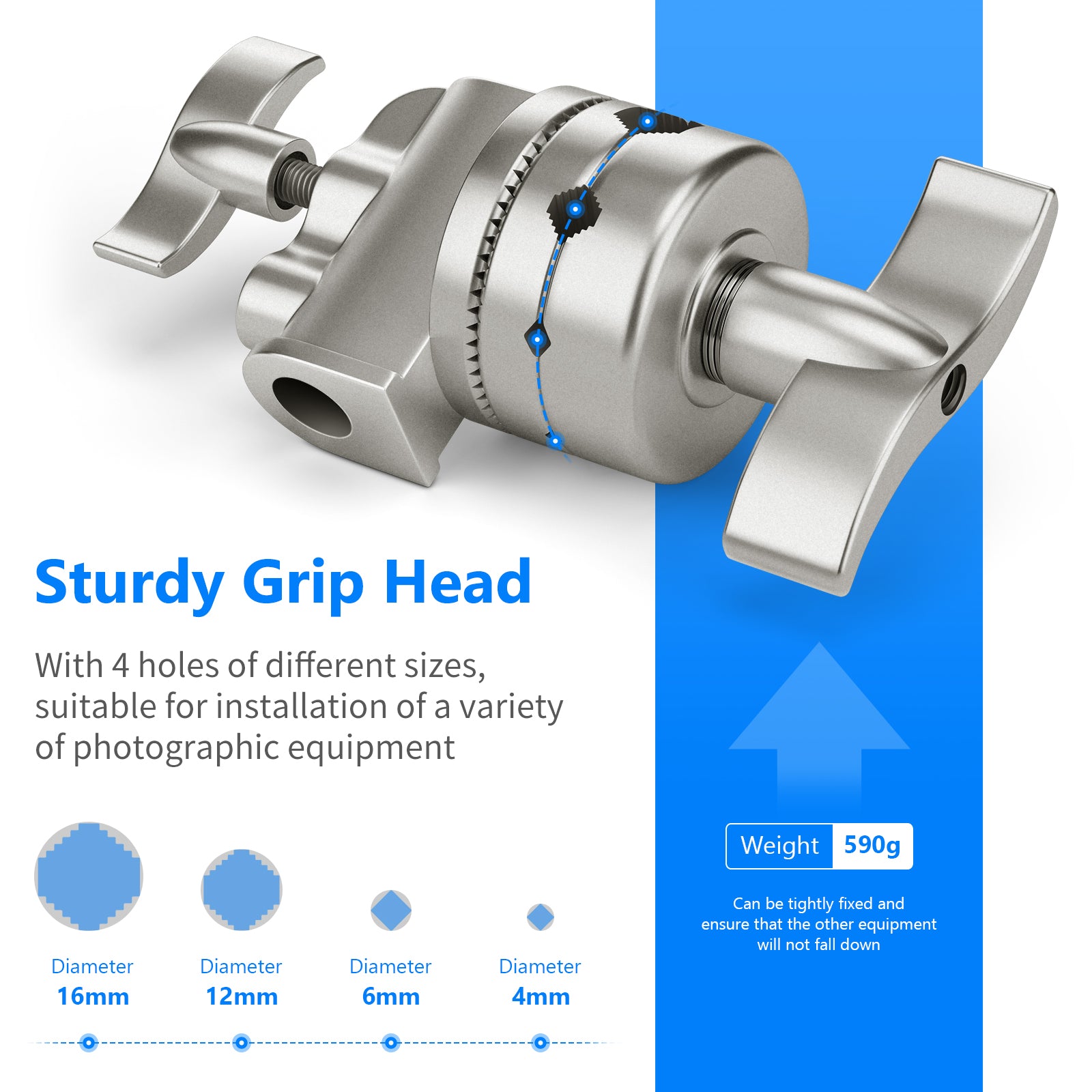 The sturdy grip head features 4 holes of different sizes.