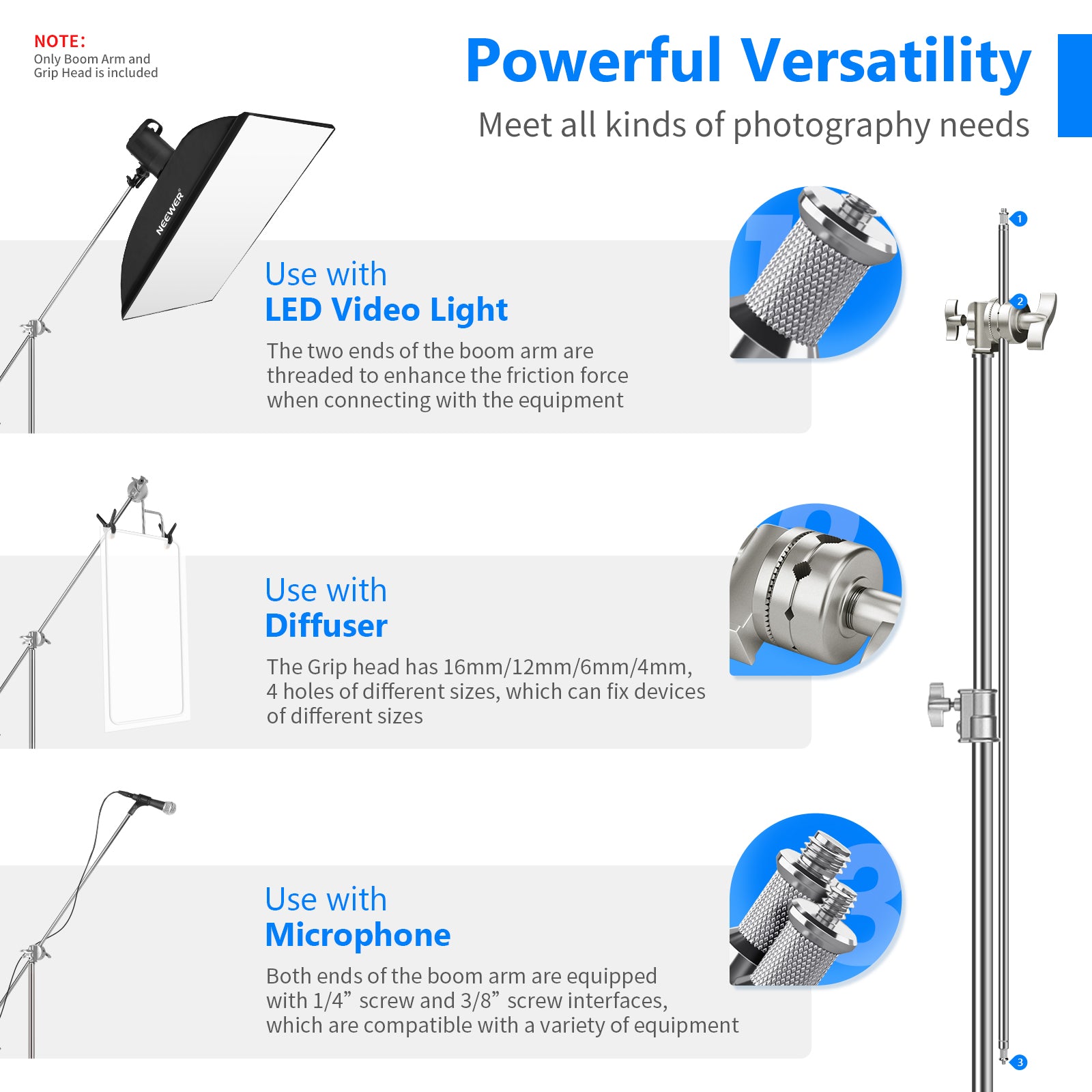 This NEEWER Aluminum Alloy Extension Boom Arm Kit can meet all kinds of photography needs.