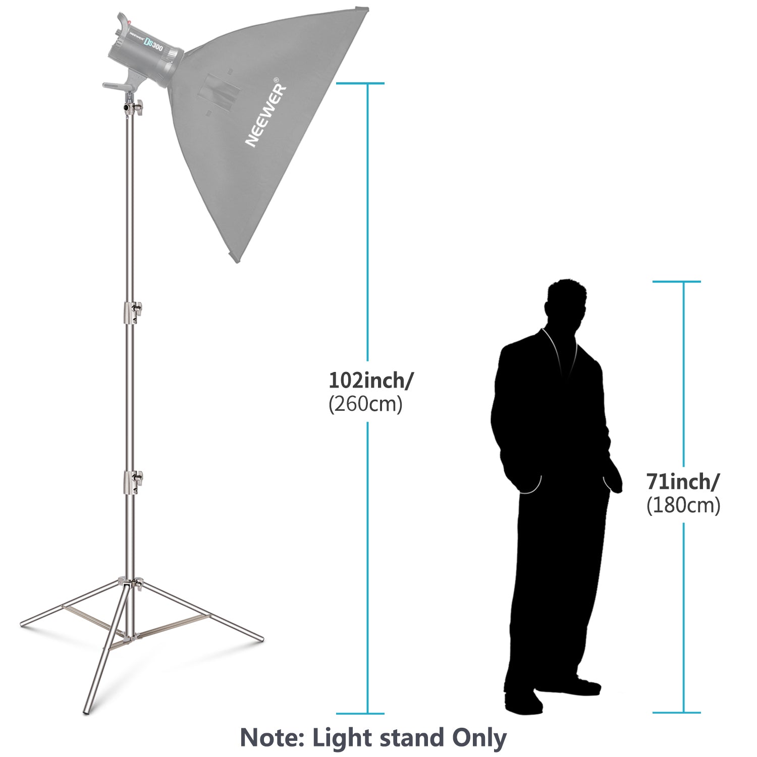 telescopic stand with 3 sections offers a broad height range for flexible positioning.