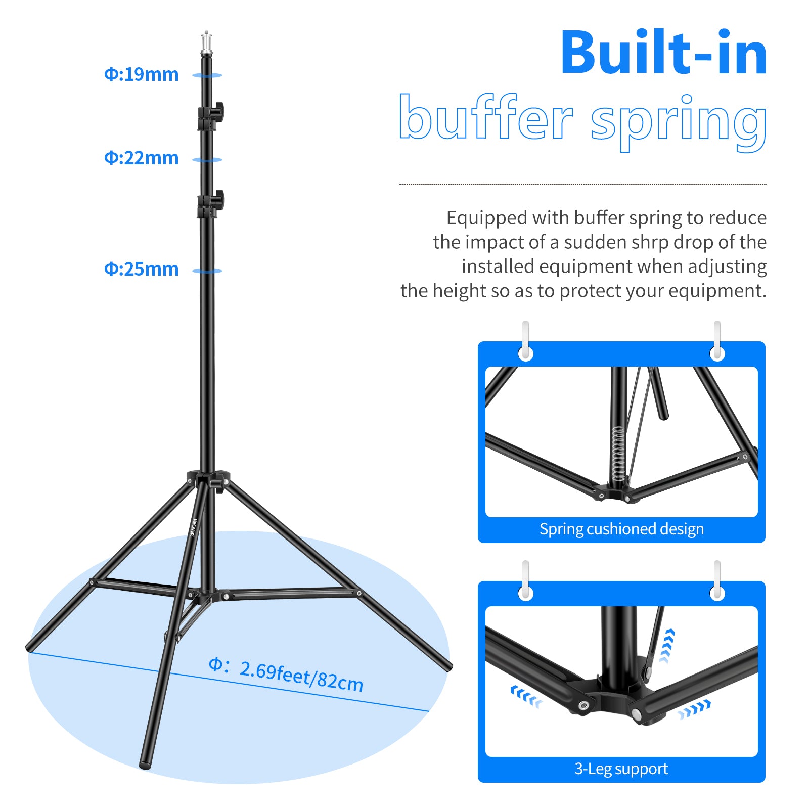 NEEWER ST-200 Lightweight Light Stand is equipped with buffer spring.