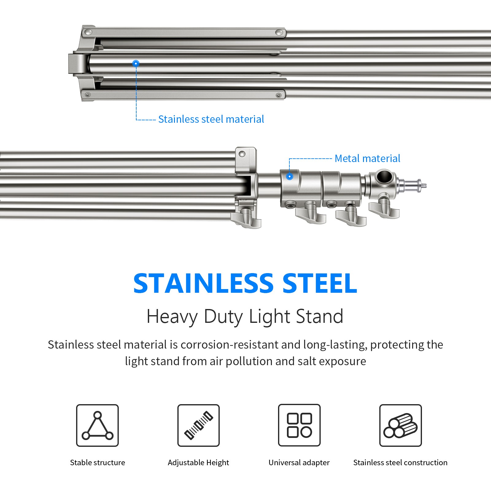 NEEWER ST-200SS Heavy Duty Light Stand is made of stainless steel material.