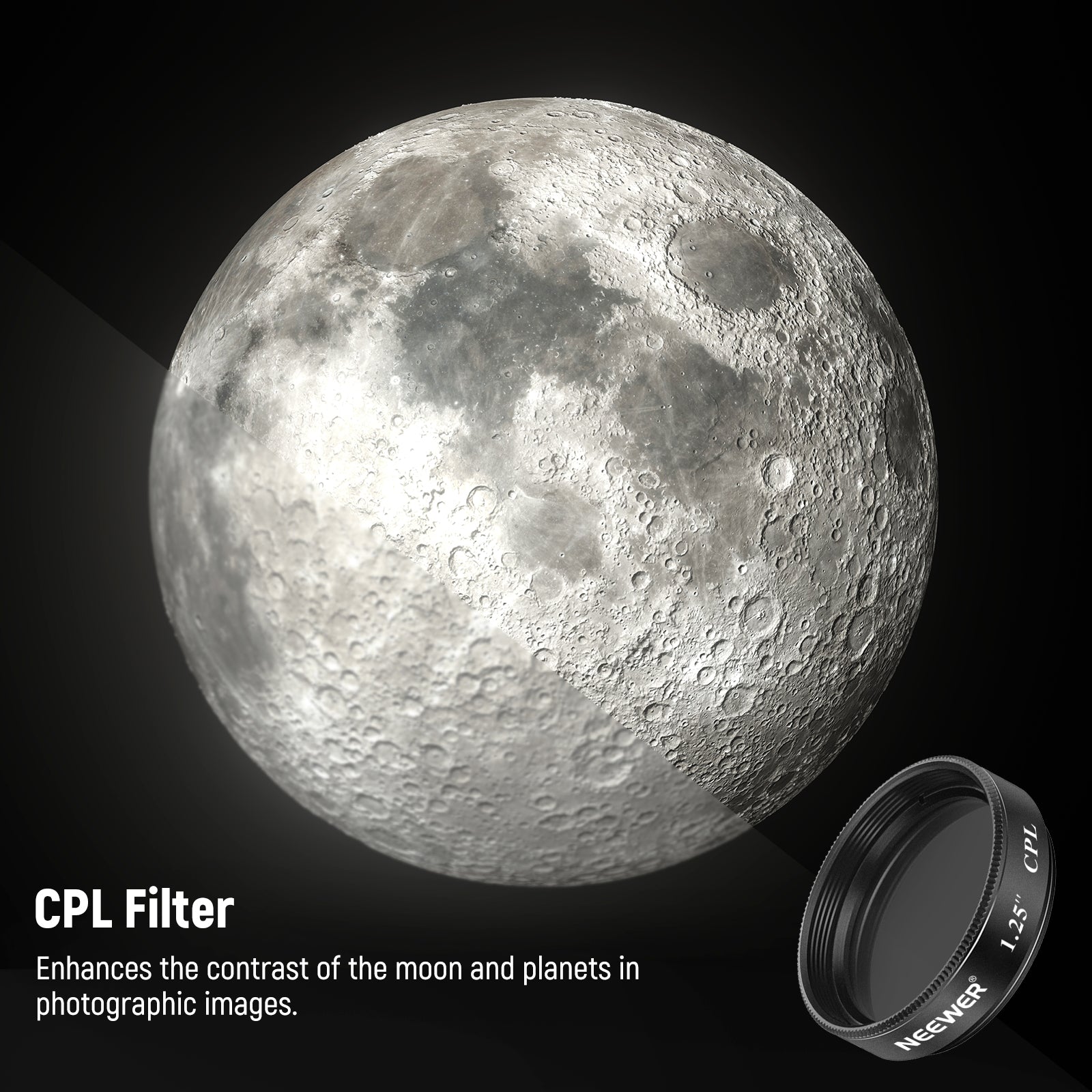 The CPL filter enhances the contrast of the moon and planets in photographic images