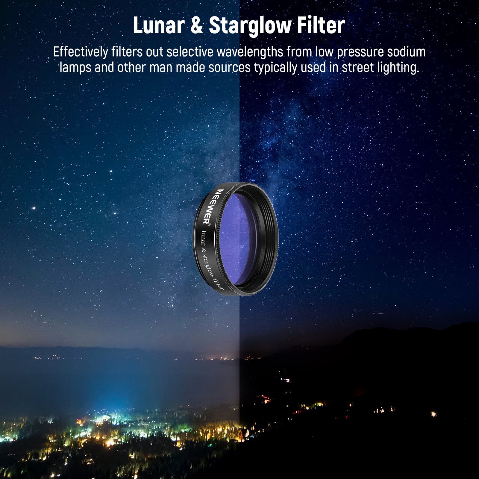 Moon and Skyglow Filter effectively filters out selective wavelengths of low pressure sodium.