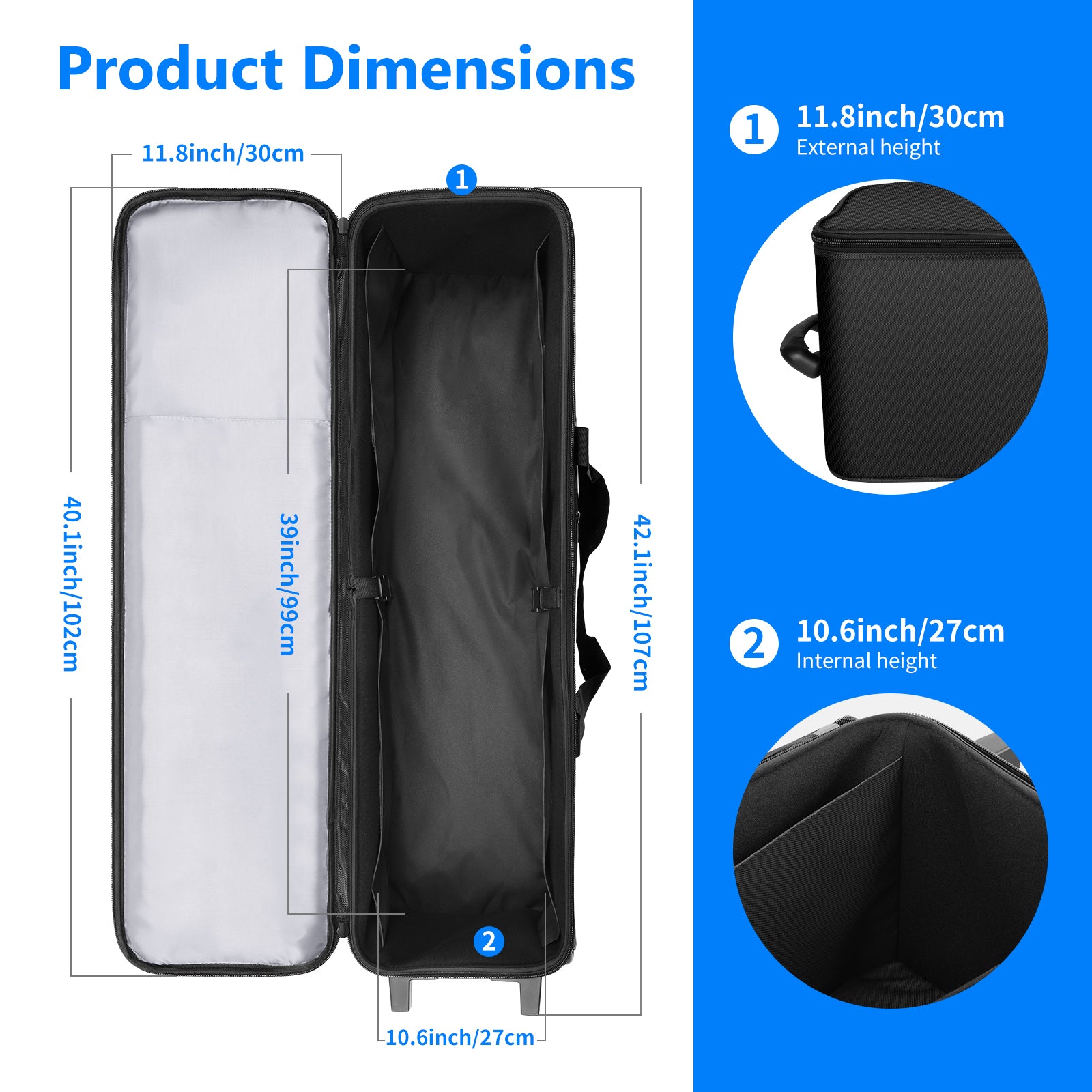 Product dimensions of the NEEWER Studio Carrying Bag with Wheels