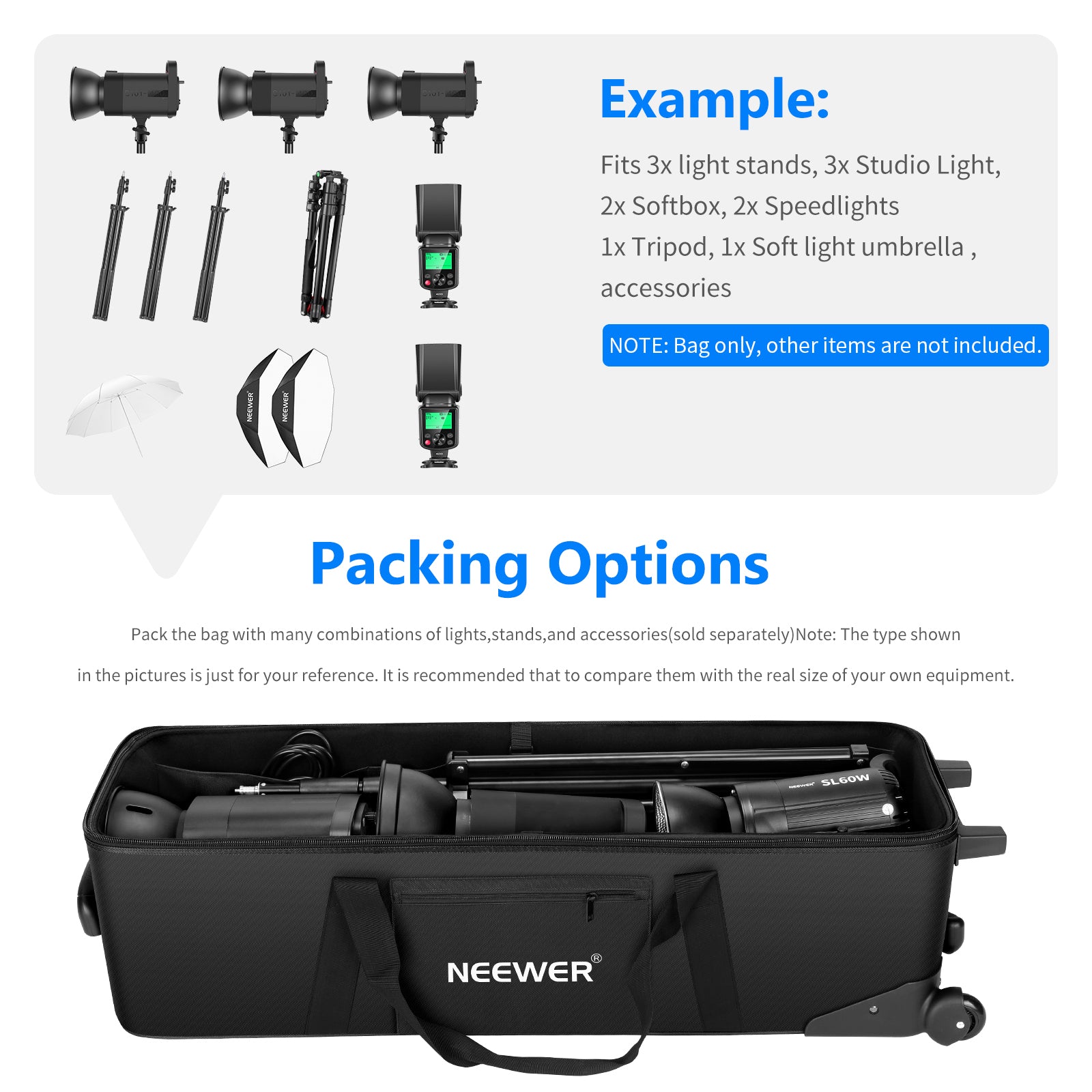 NEEWER Studio Carrying Bag with Wheels offers many packing options.