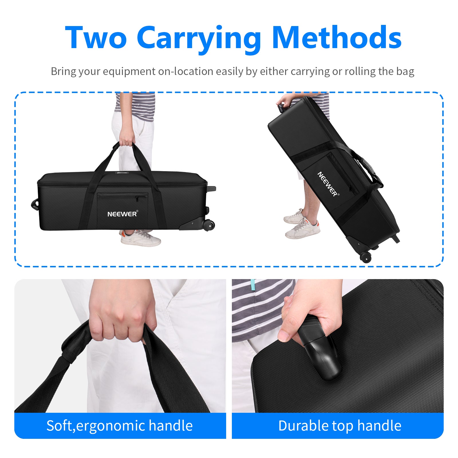 NEEWER Studio Carrying Bag with Wheels provides two carrying methods.