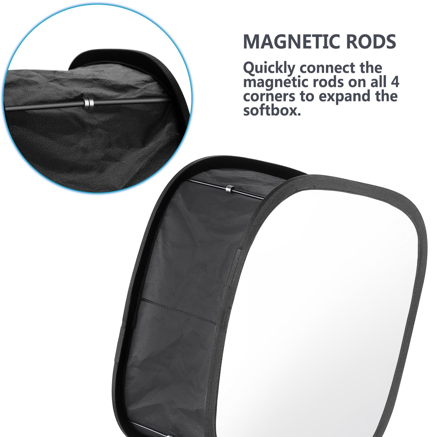 this softbox can be easily collapsed into small sizes or expanded fully with the support of these magnetic rods