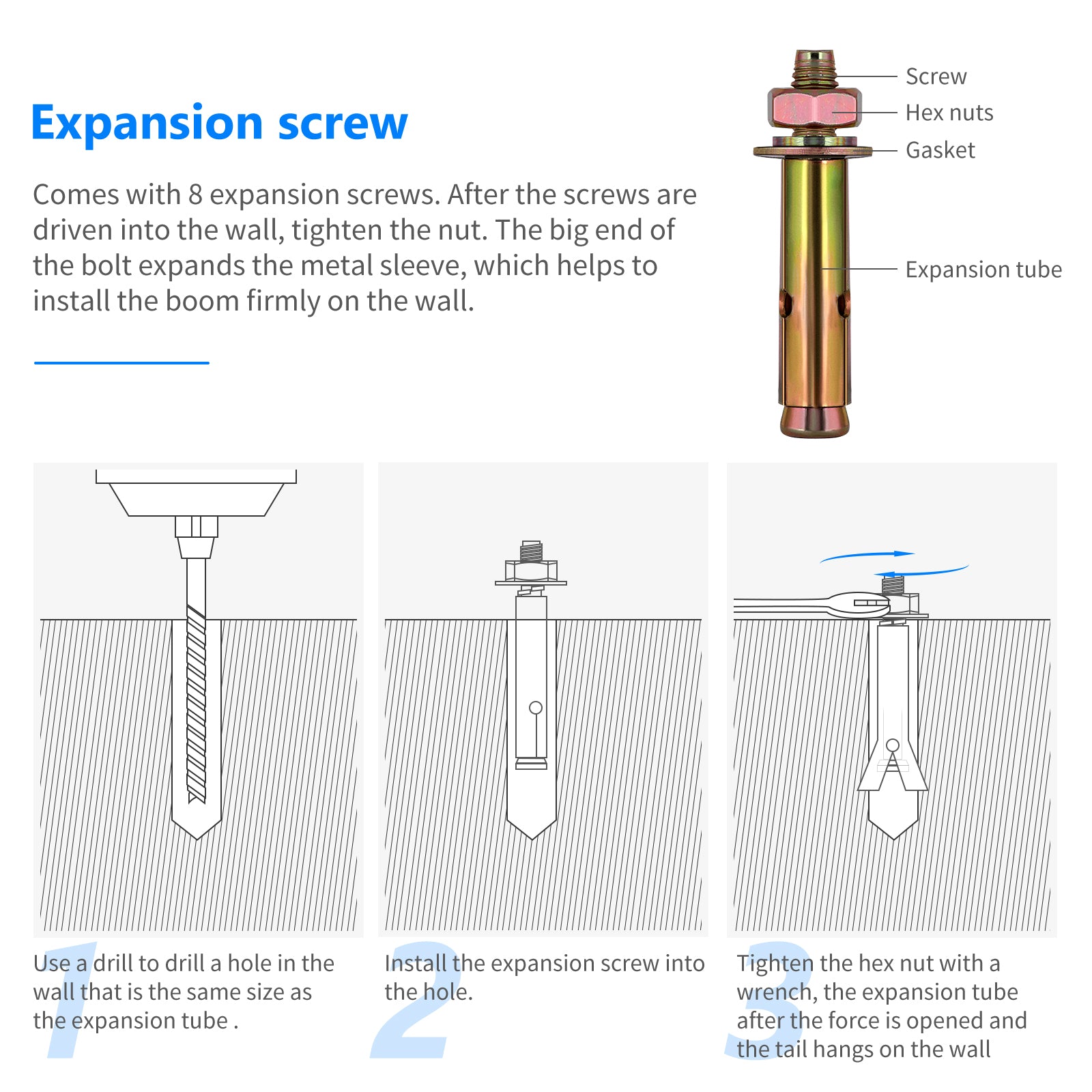 NEEWER 130CM Wall Mount Boom Arm comes with 8 expansion screws.