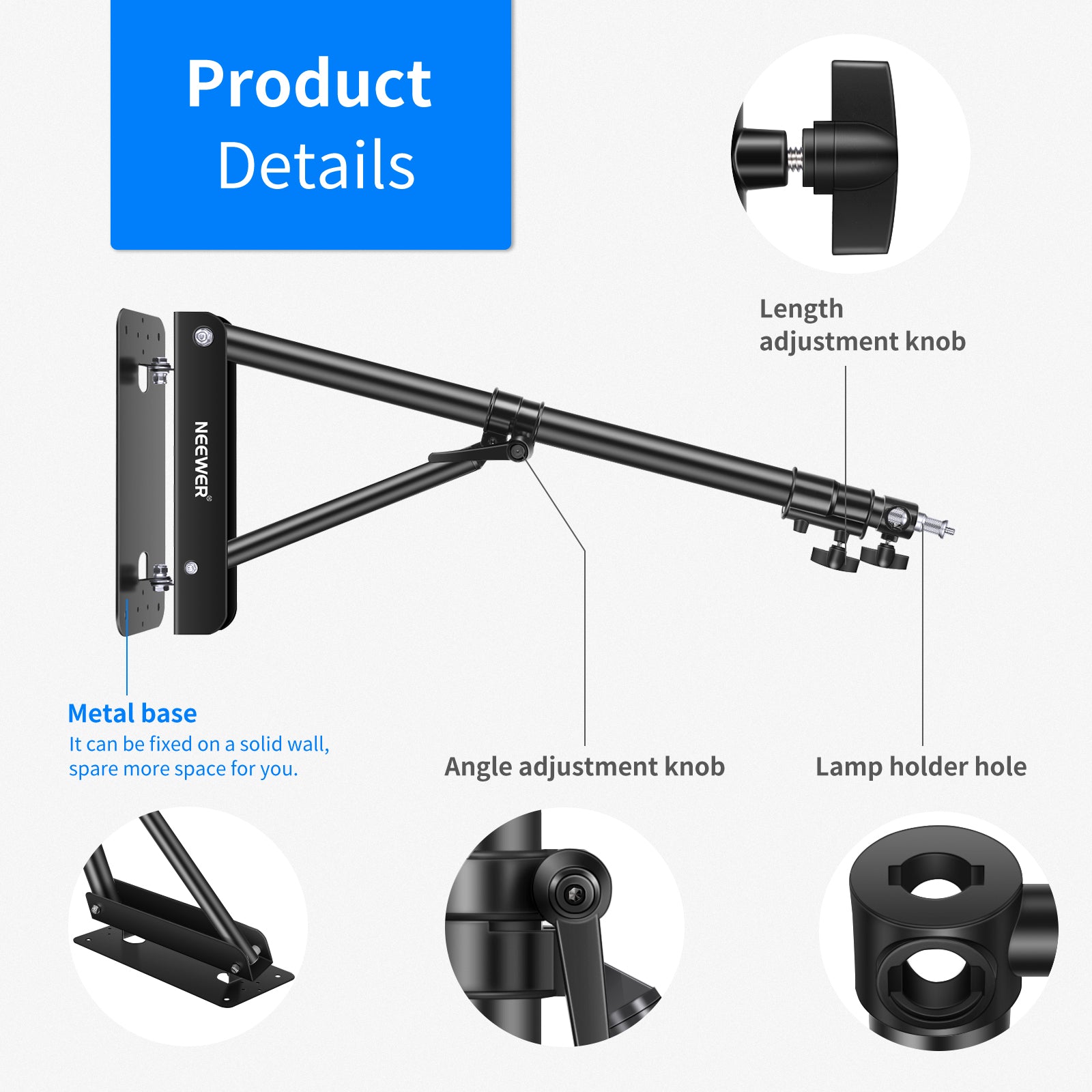 Product details of the NEEWER 130CM Wall Mount Boom Arm
