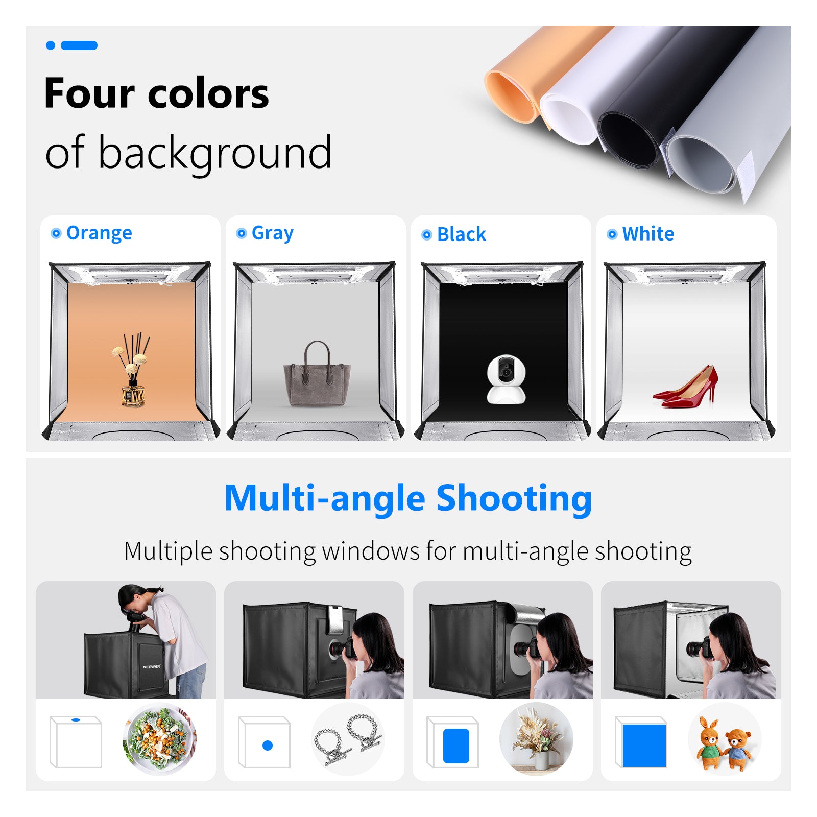 NEEWER Studio Photo Light Box features multiple shooting windows.