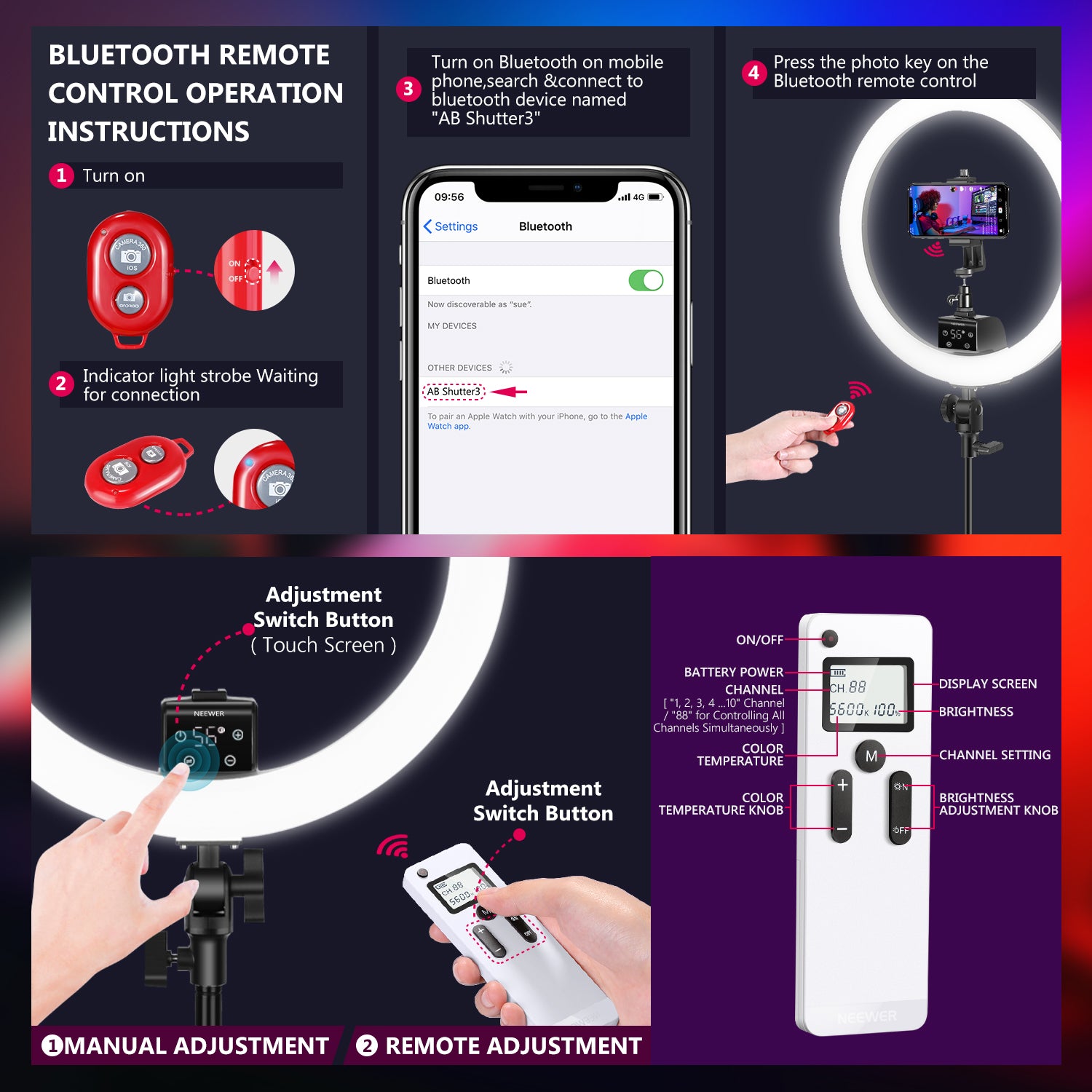 NEEWER SRP18-2.4G 18-inch LED Ring Light can be controlled by 2 ways.