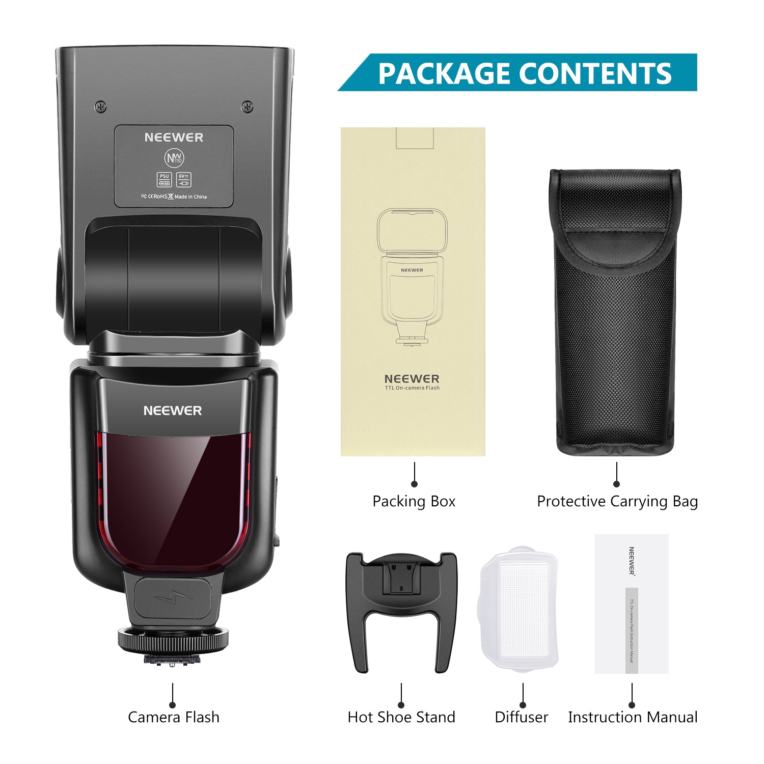 Package Contents of the NEEWER 750II Camera Flash For Nikon DSLR Cameras