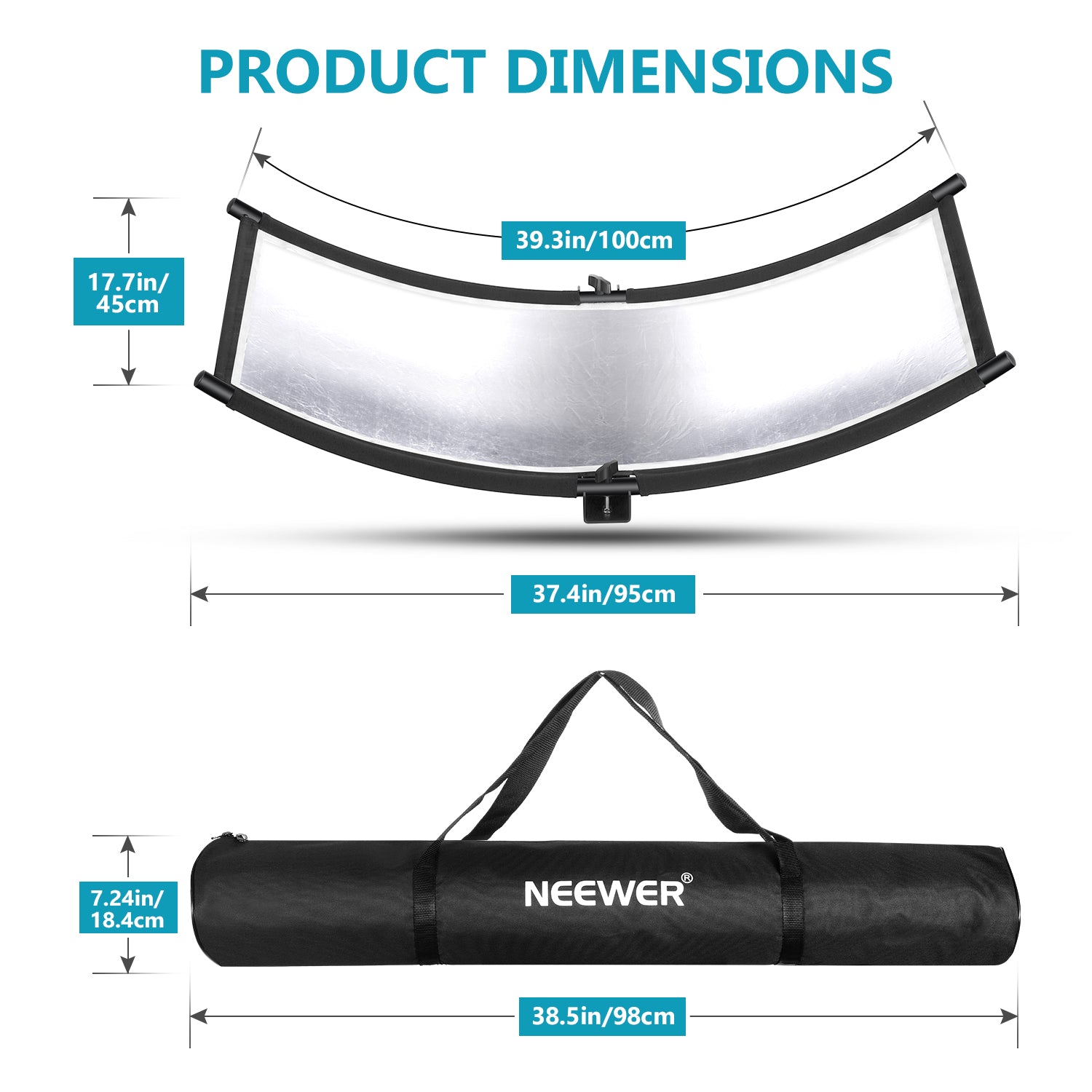 Product dimensions of the NEEWER 100 x 45cm Clamshell Light Reflector Diffuser
