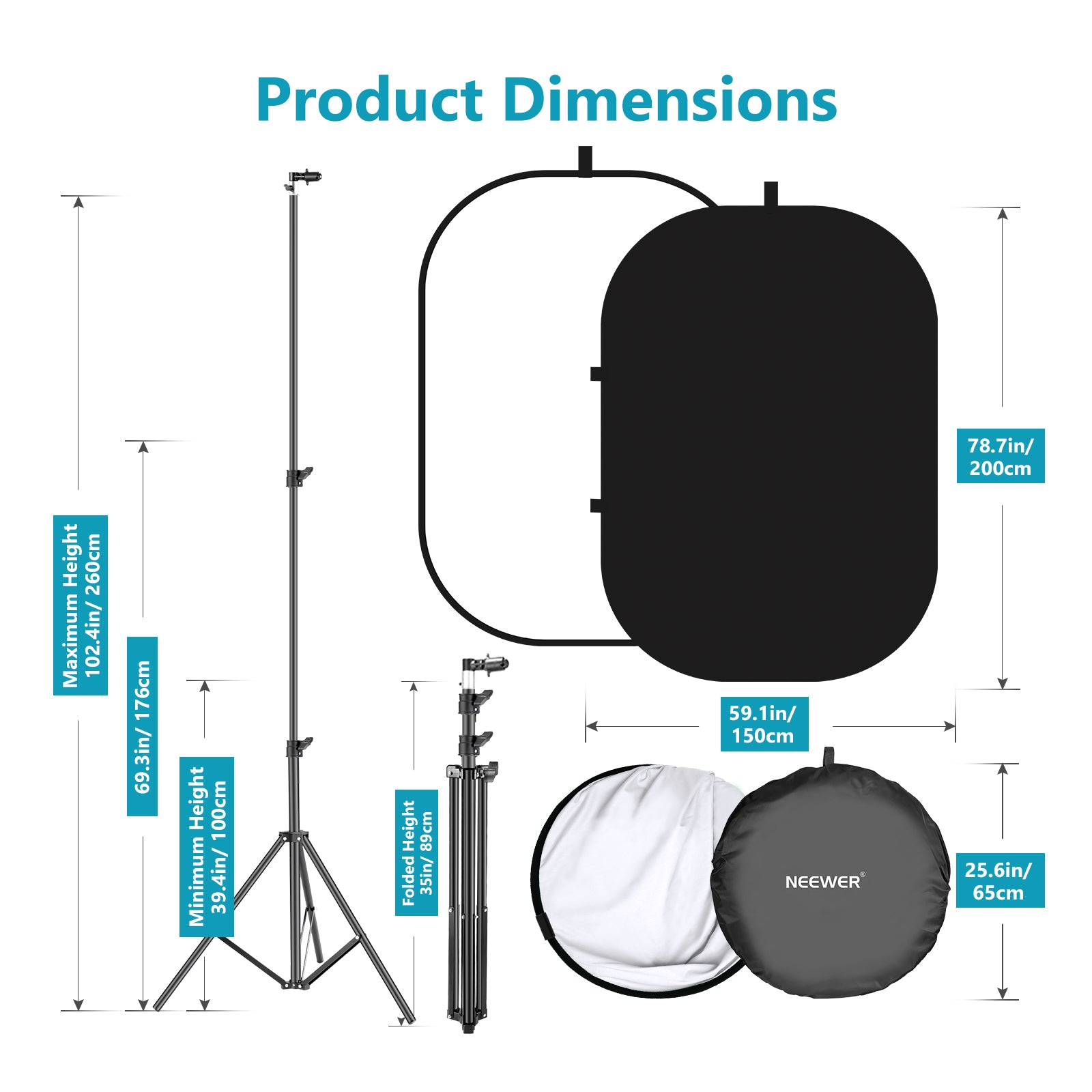 Product dimensions of the NEEWER 1.5x2M 2-in-1 Portable Black&White Backdrop Kit