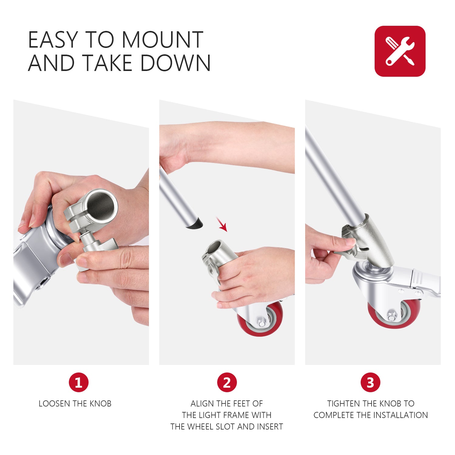 Neewer rofessional Swivel Caster Wheel is easy to mount and take down.