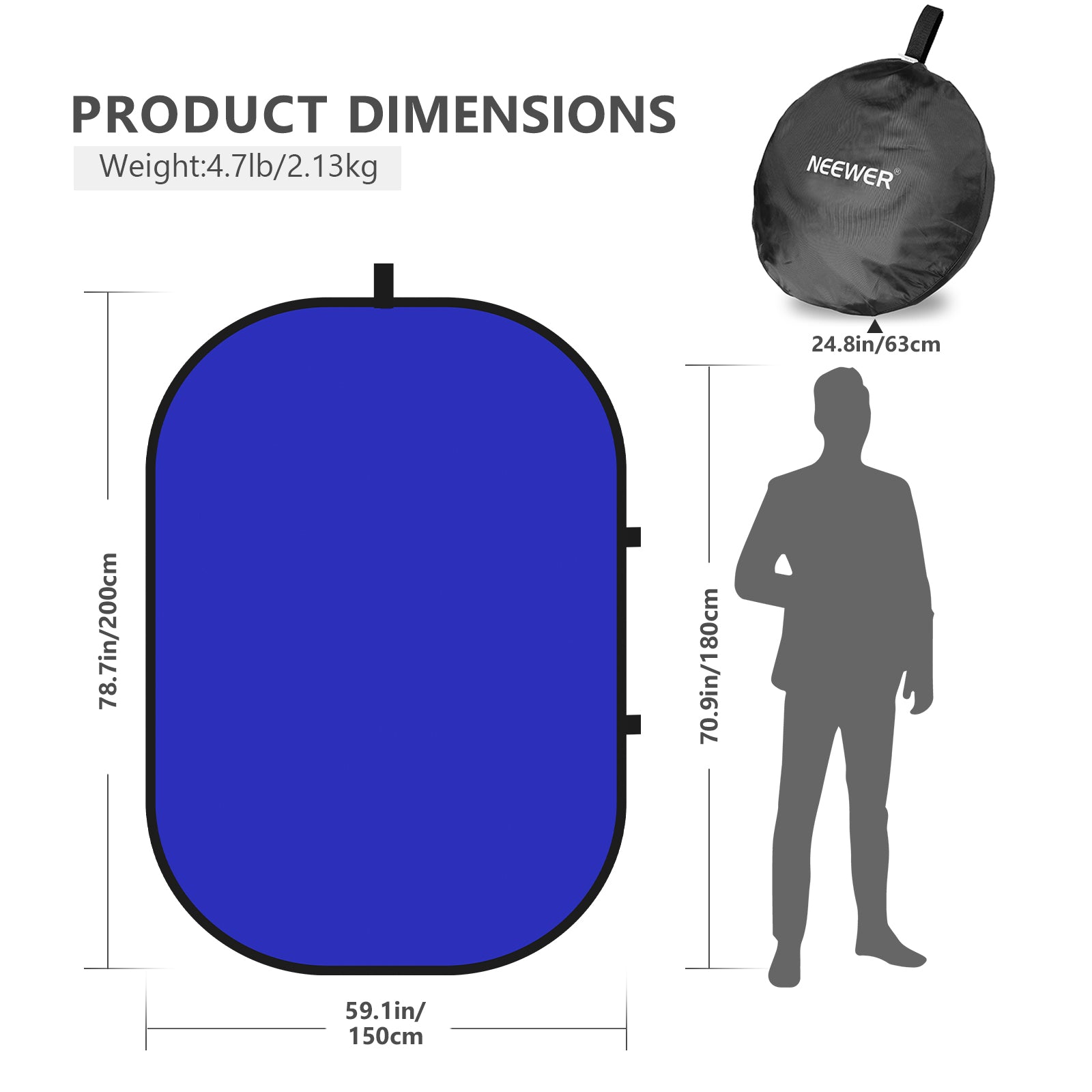 Product demensions of the NEEWER 2-in-1 Collapsible Blue&Grey Backdrop