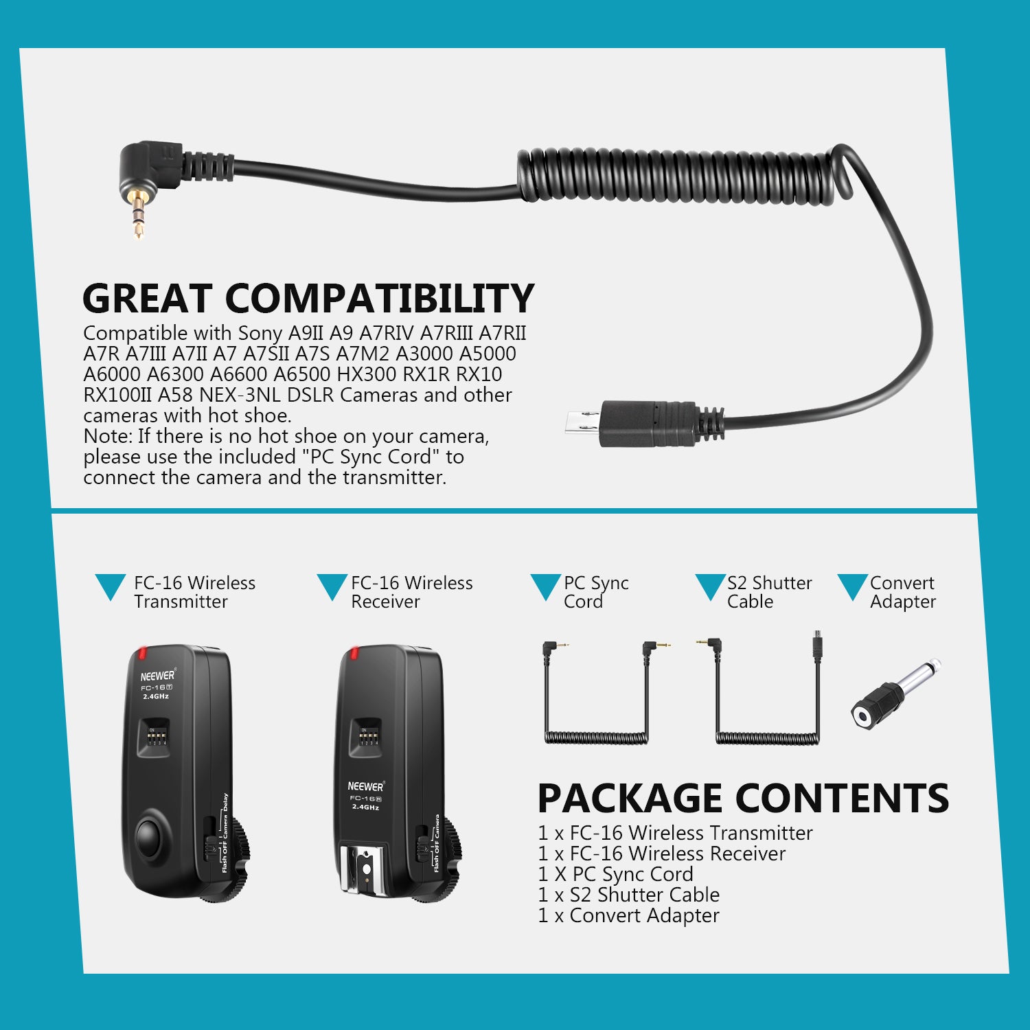 Package Contents of the NEEWER FC-16 Wireless Trigger for Sony