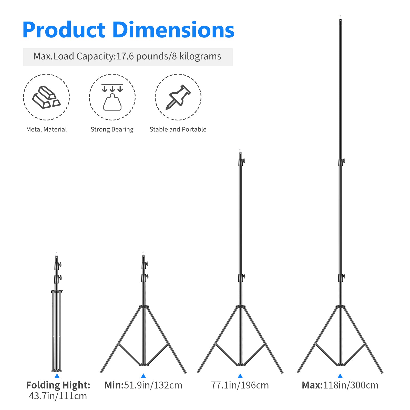 Product dimensions of the NEEWER ST-300 300cm Photo Light Stand