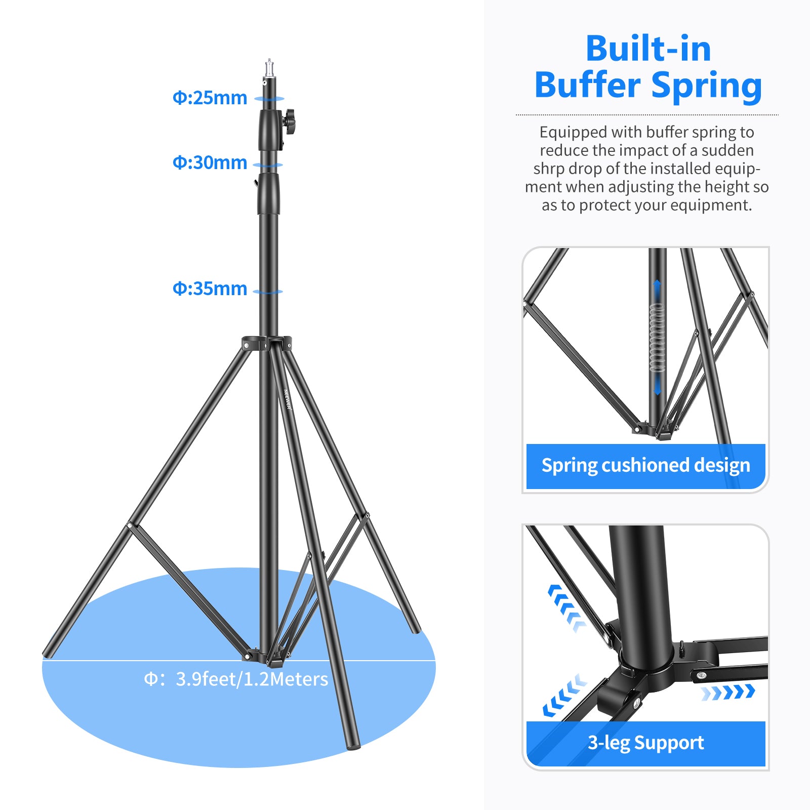 NEEWER ST-300 300cm Photo Light Stand features a buffer spring.