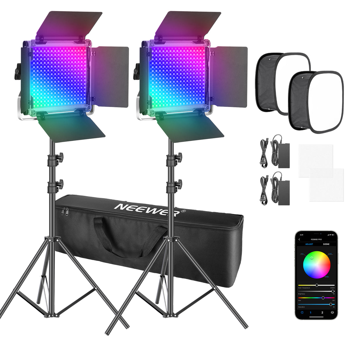 NEEWER 2 Packs RGB PRO LED Video Light Kit with Softboxes