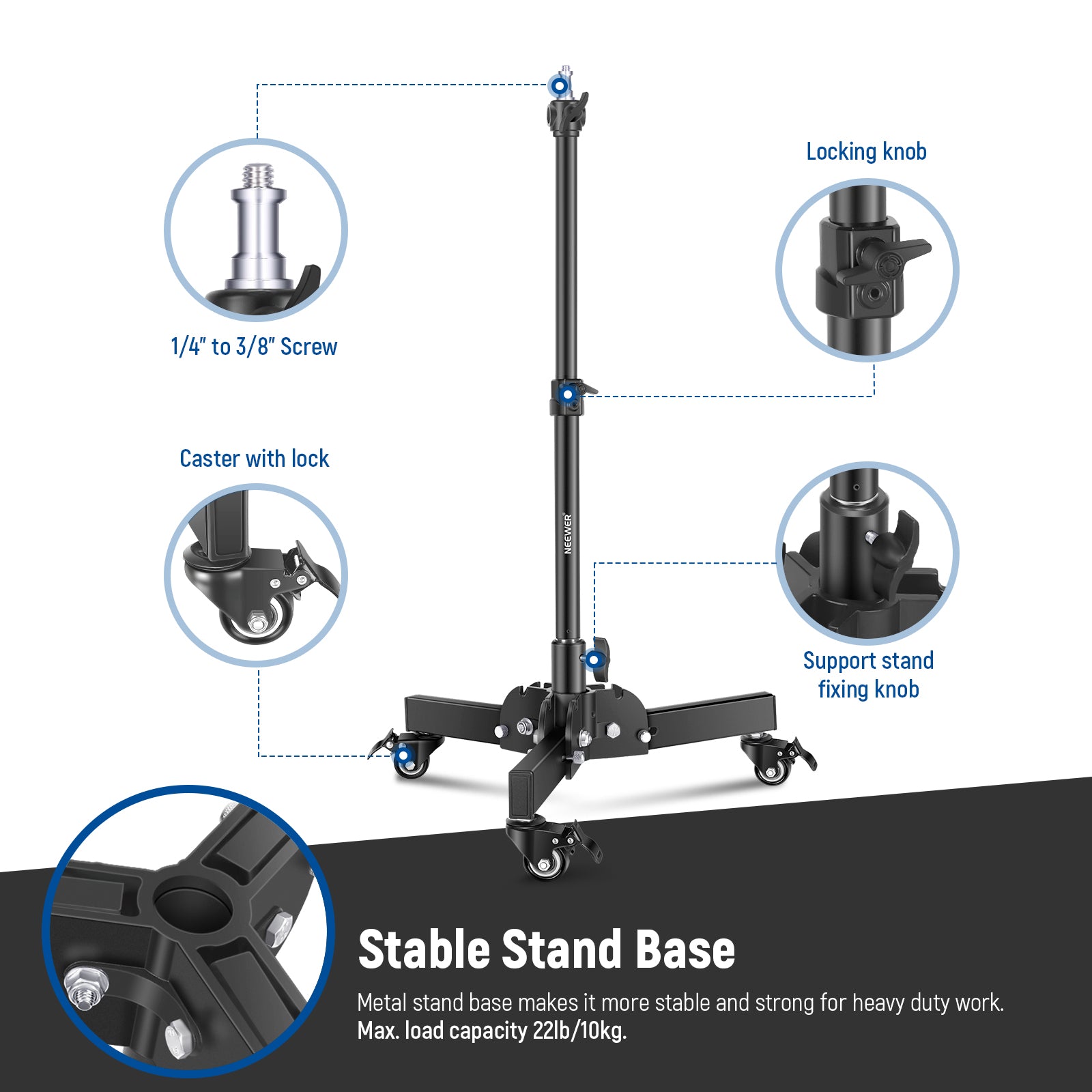 NEEWER ST72 Dolly Heavy Duty Light Stand has a stable stand base.