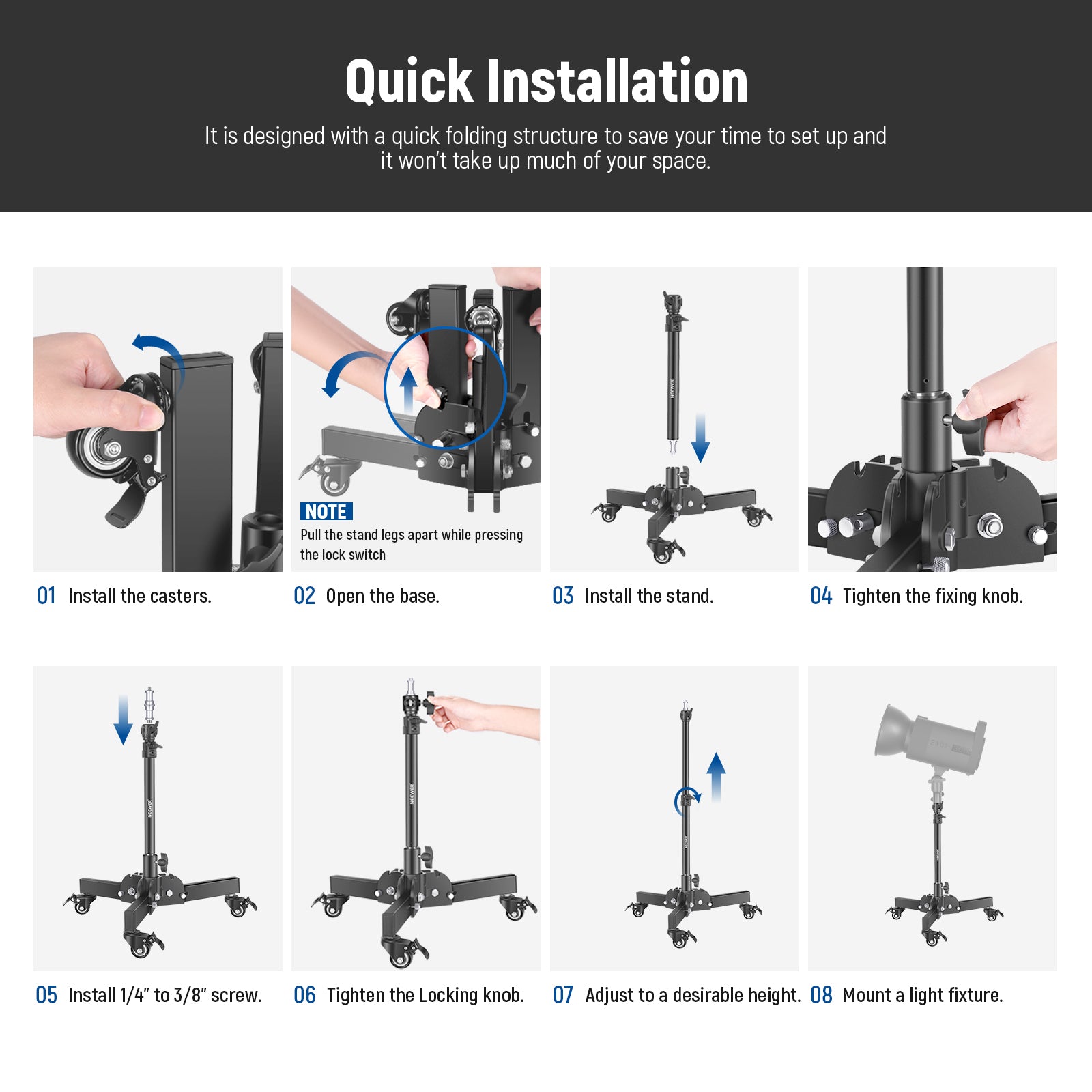 Installation method of the NEEWER ST72 Ajustable Heavy Duty Light Stand