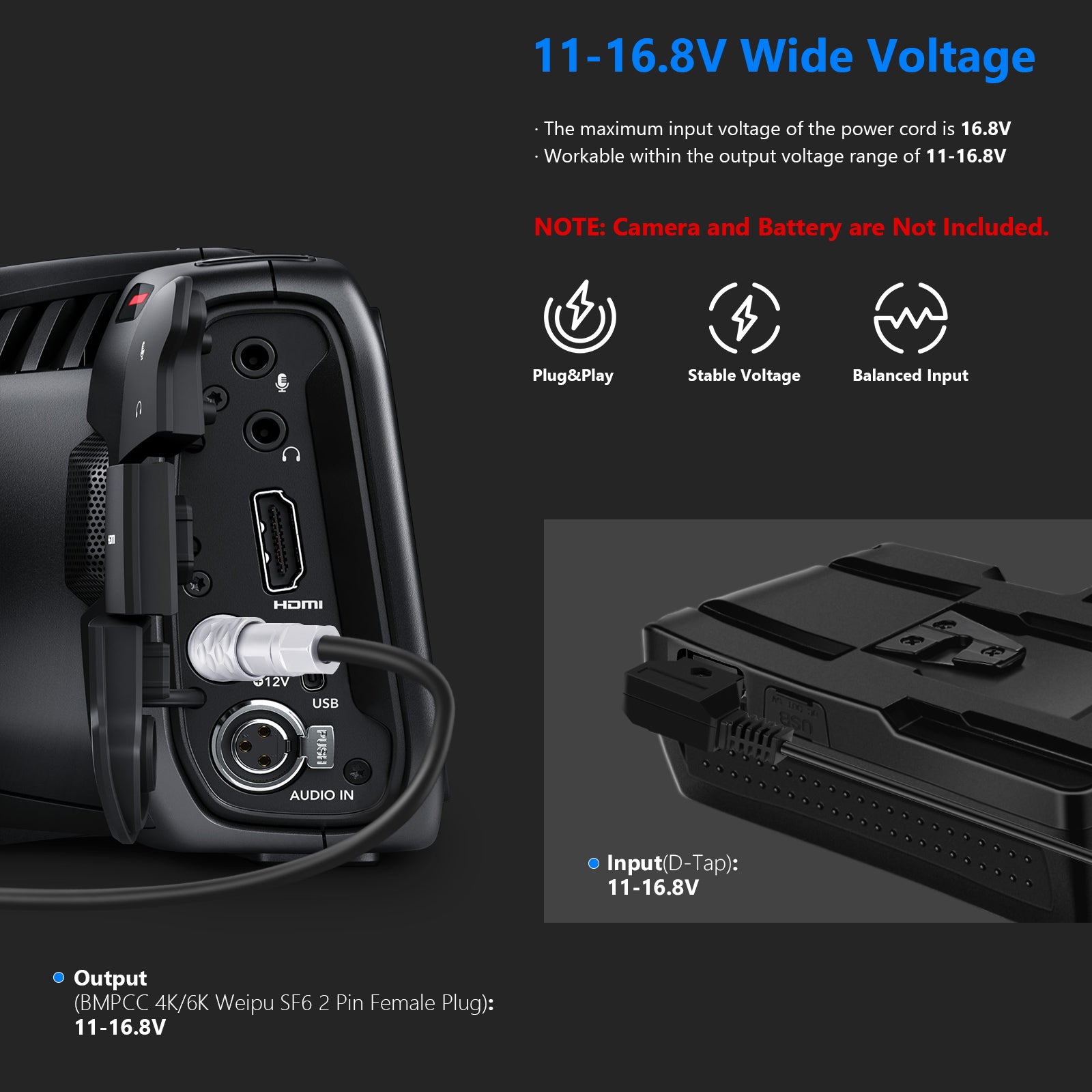 This light cable features 11 - 16.8V wide voltage.