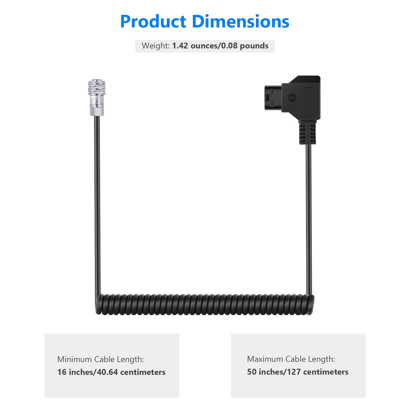 Product dimensions of the NEEWER D-Tap to BMPCC 4K/6K Coiled Power Cable