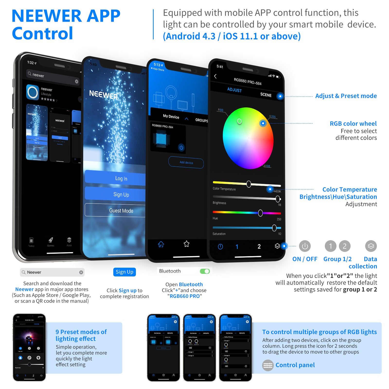 NEEWER RGB661 PRO LED Video Light is equipped with APP control function.