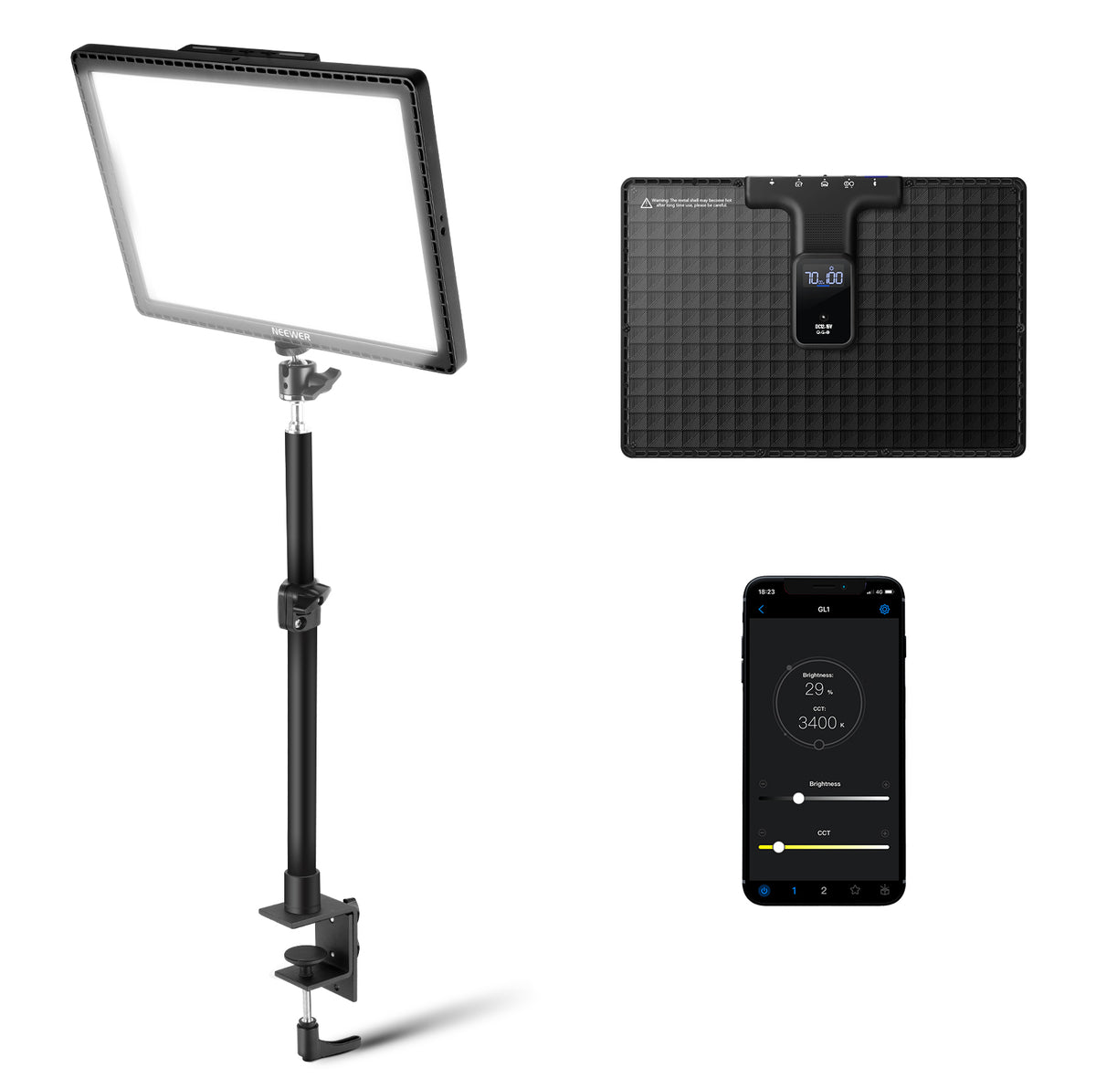 NEEWER GL1 15.5" 2800 lumens Key Light Streaming light with PC/ Mac Control & iOS Android APP & Desk Clamp