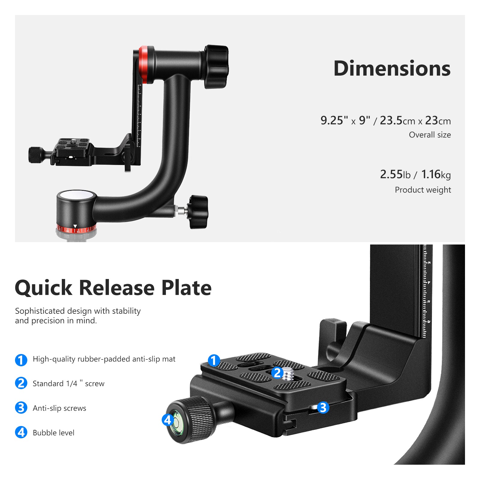 Product dimensions of the NEEWER GM101 Aluminum Alloy Gimbal Tripod Head