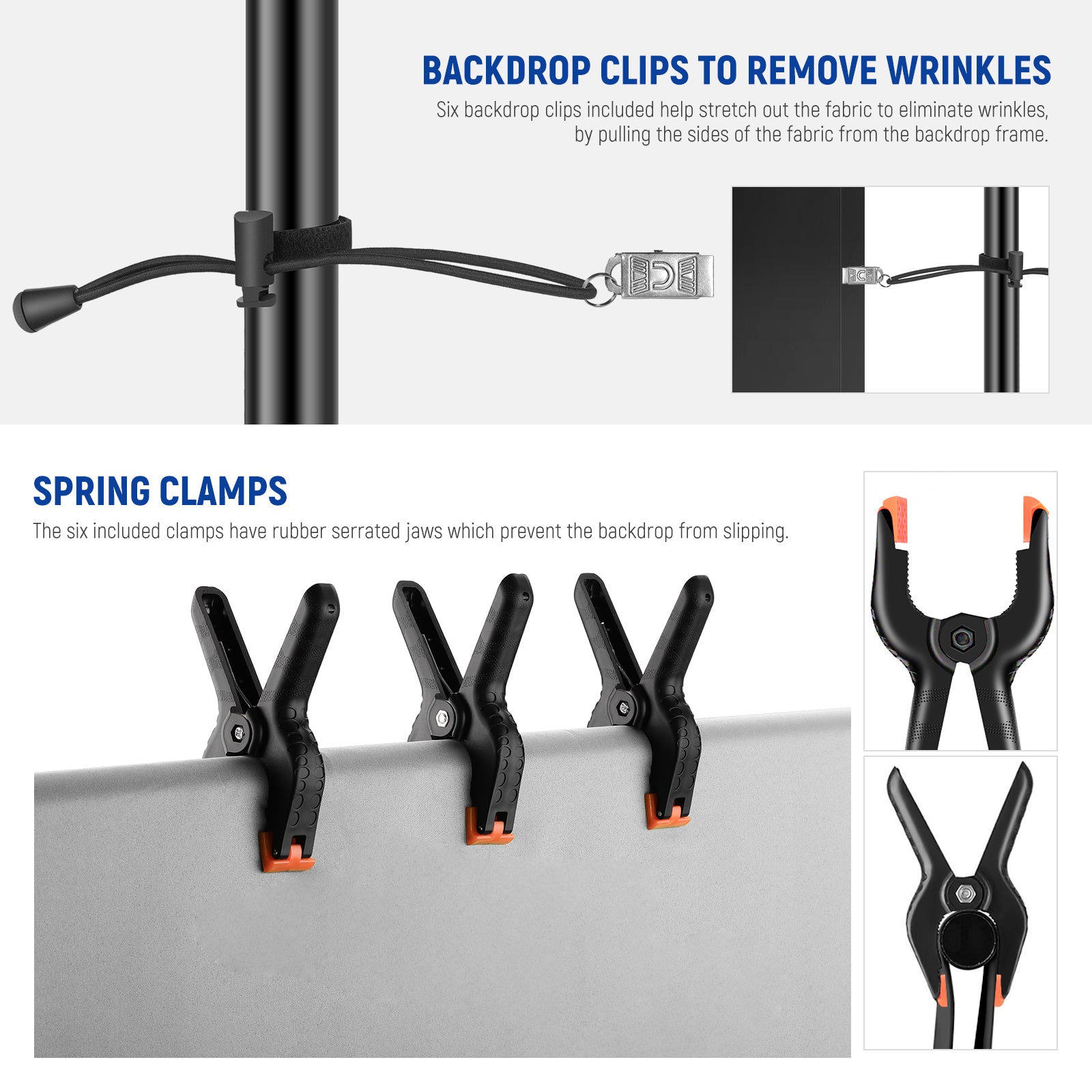 NEEWER 8.5x10ft Adjustable Backdrop Stand Kit includes six clips.