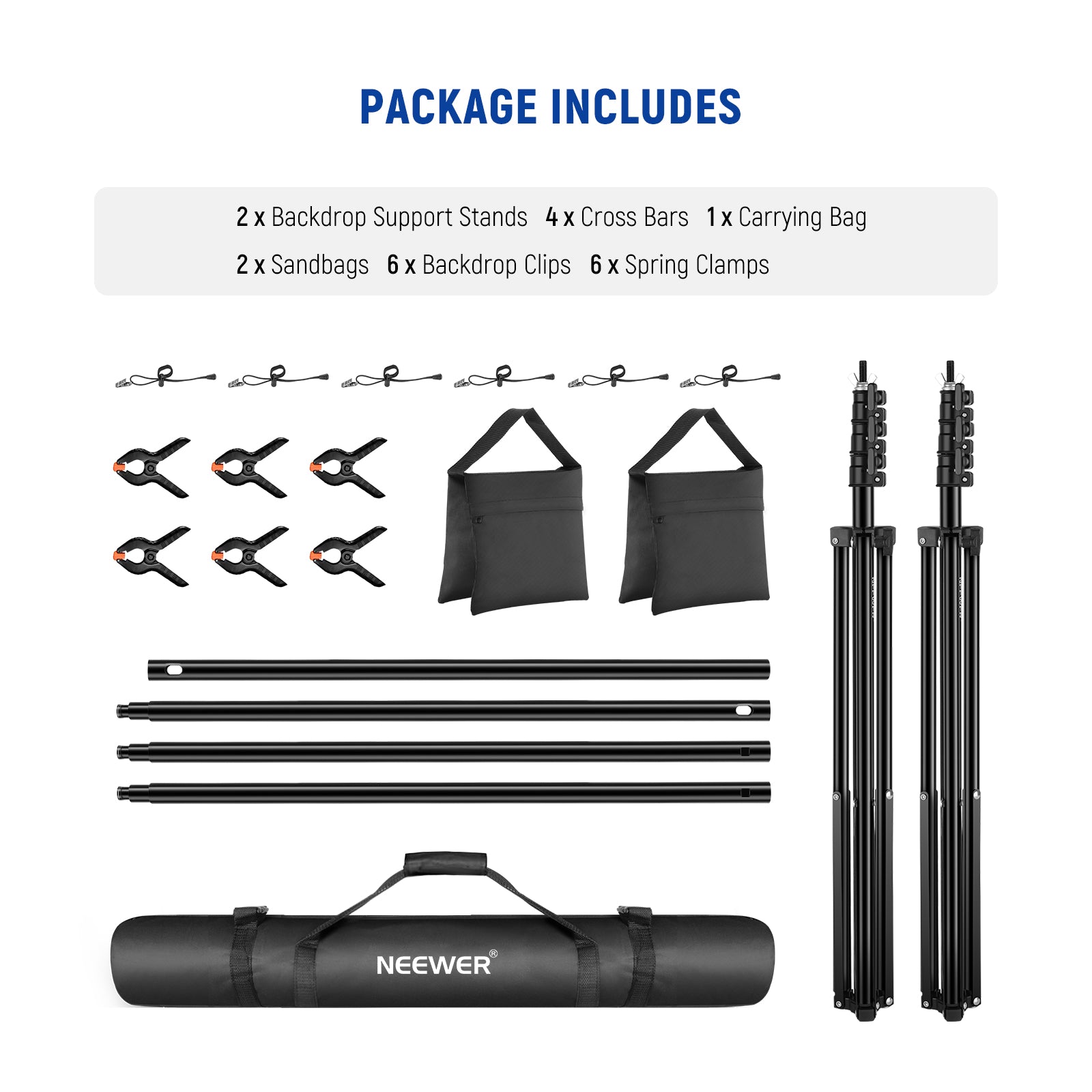 Package Contents of the NEEWER 8.5x10ft Adjustable Backdrop Stand Kit