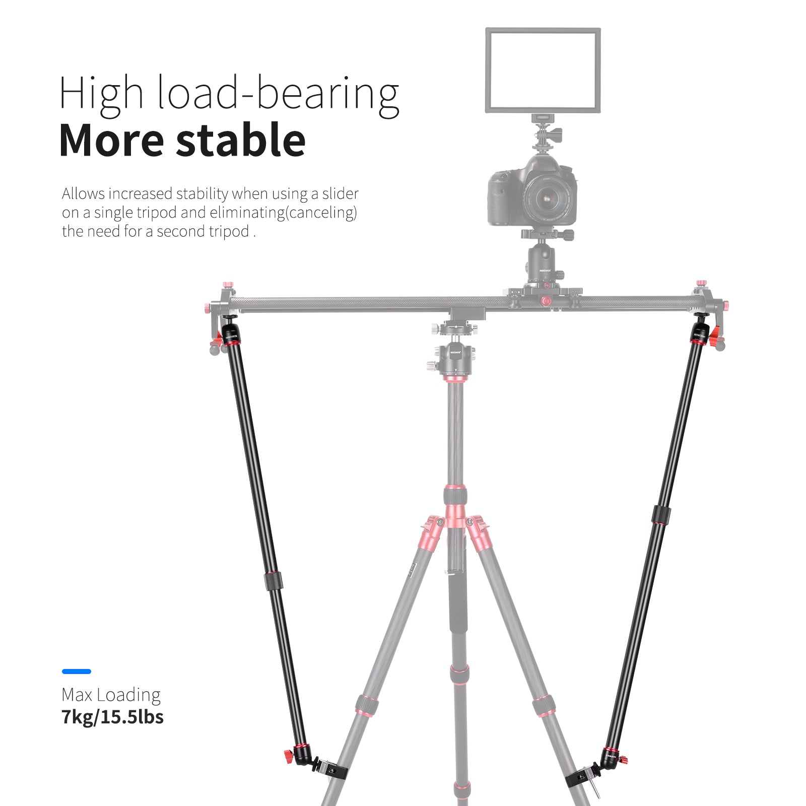 NEEWER Aluminum Alloy Camera Slider Support Arm allows increased stability.