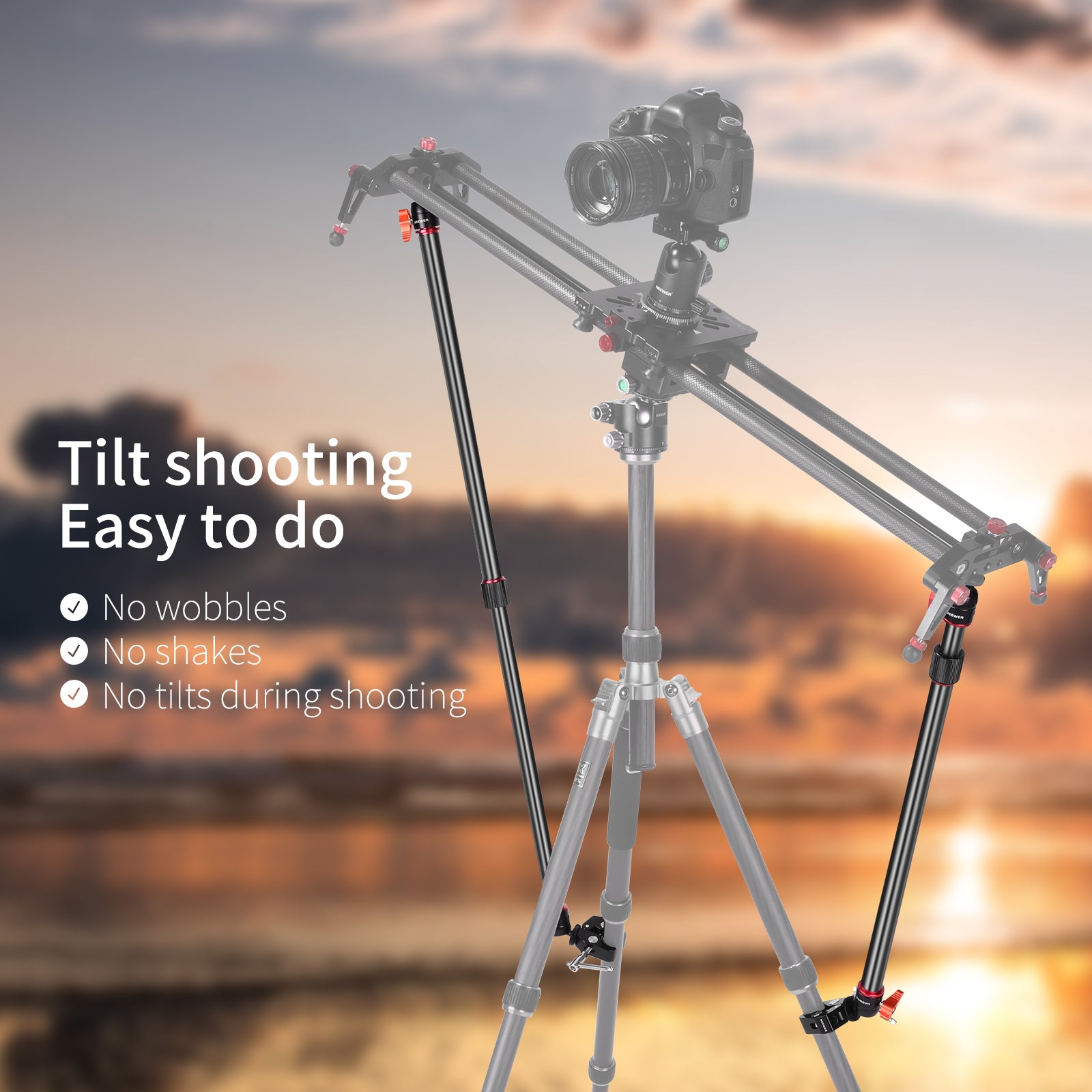 NEEWER Aluminum Alloy Camera Slider Support Arm supports your slider in a horizontal position or an inclined position.