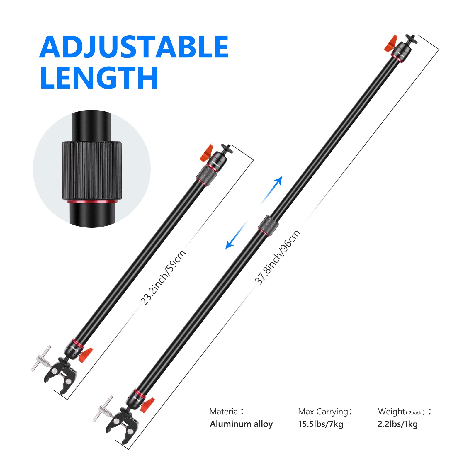 NEEWER Aluminum Alloy Camera Slider Support Arm can be adjusted from 23.2”/59cm to 37.8”/96cm