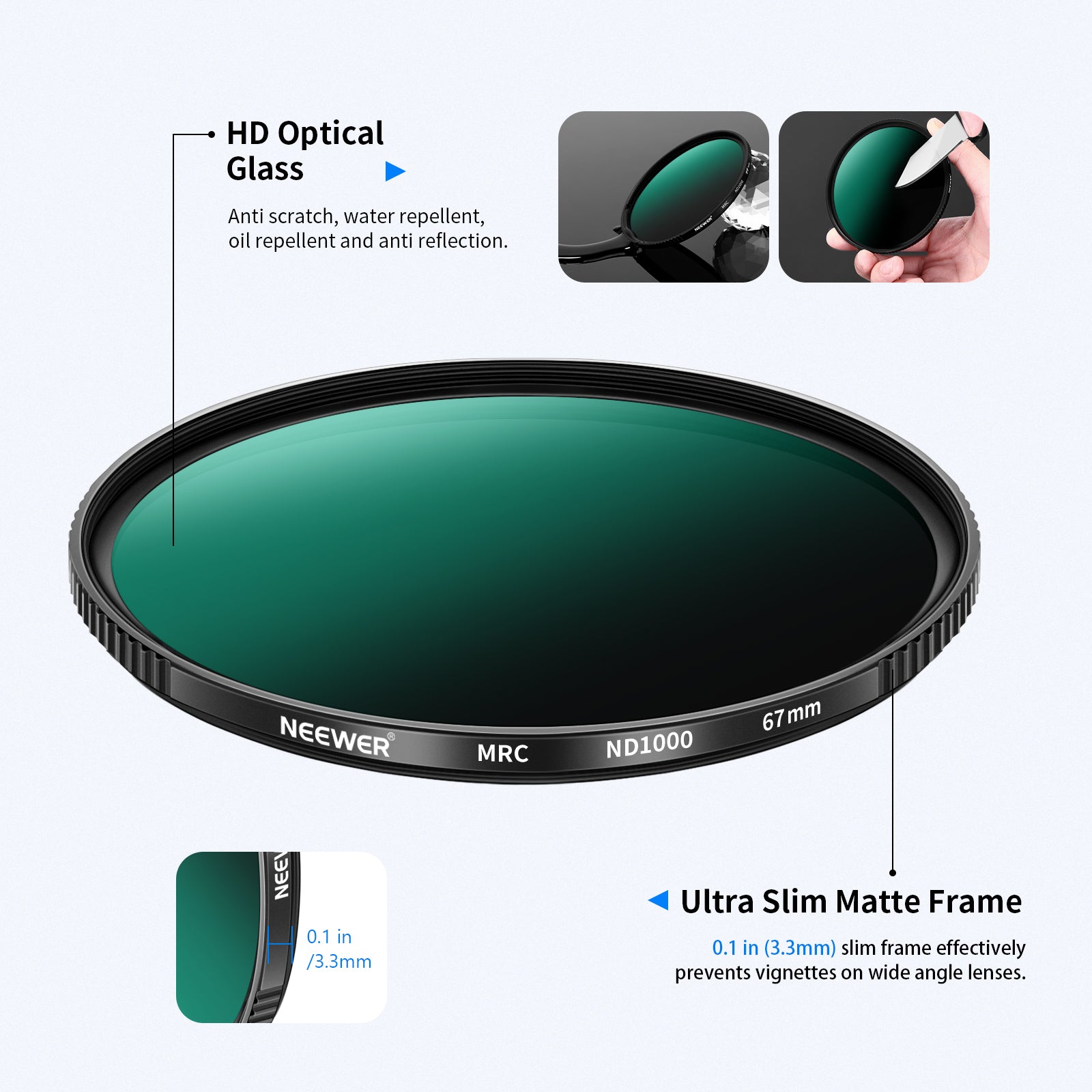 NEEWER ND1000 ND Lens Filter features an ultra slim matte frame