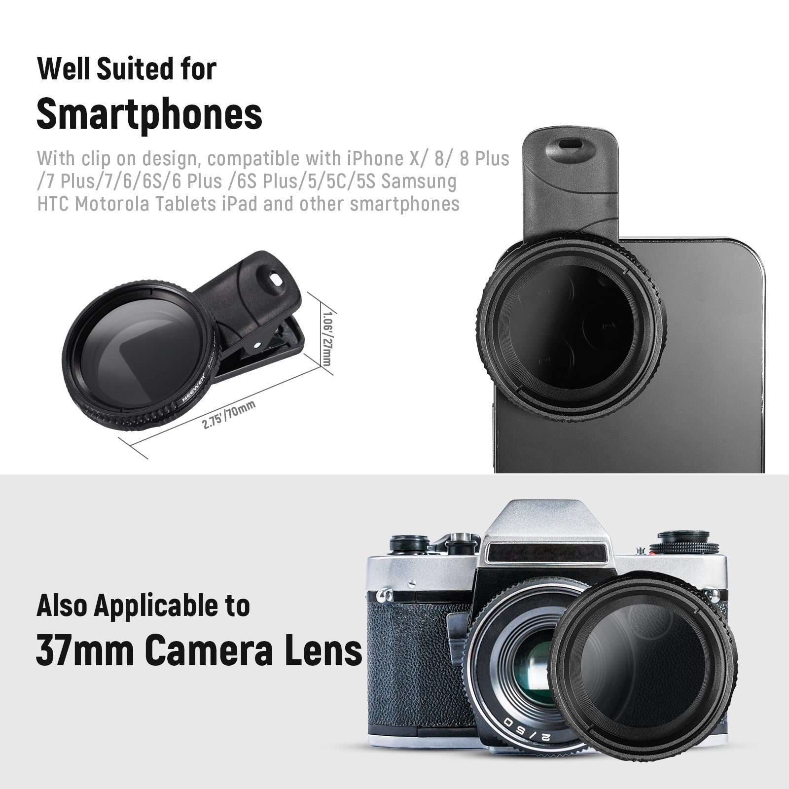 NEEWER FL-37 Variable ND Filter is suited for phones and 37mm camera lenses.