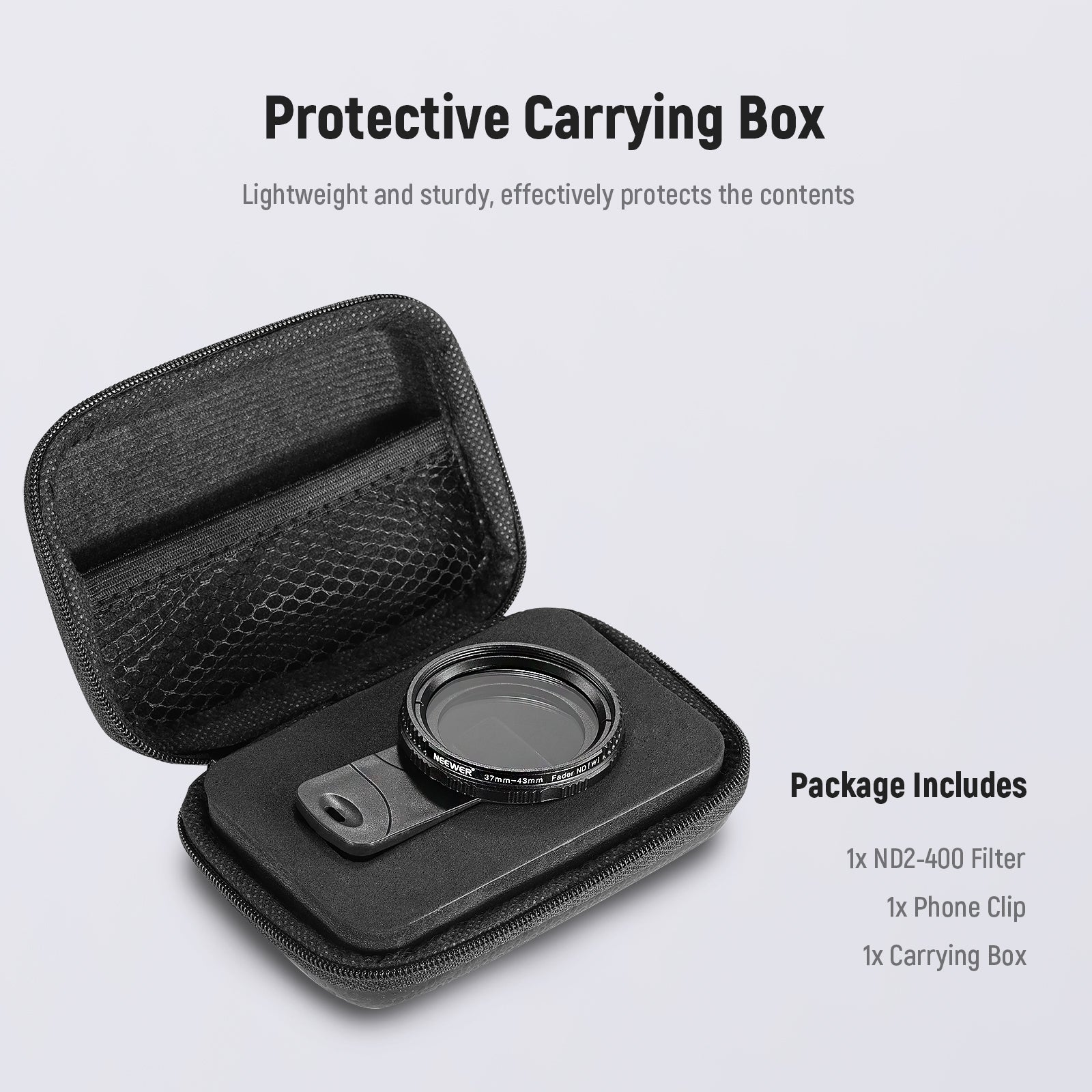 Package Contents of the NEEWER FL-37 37mm ND2-ND400 Filter For Phone Camera Kit