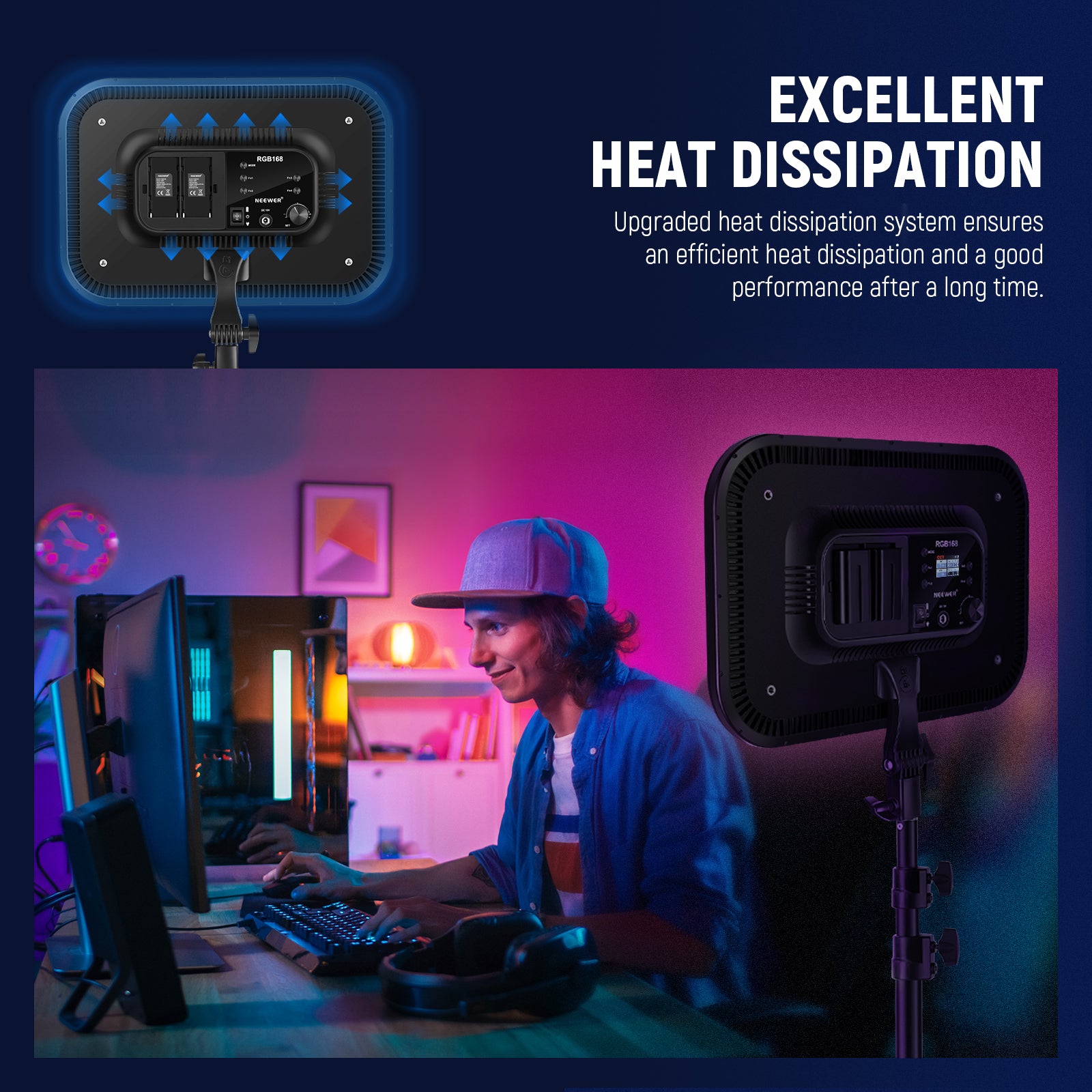 NEEWER RGB168 RGB Video Light features the upgraded heat dissipation system.