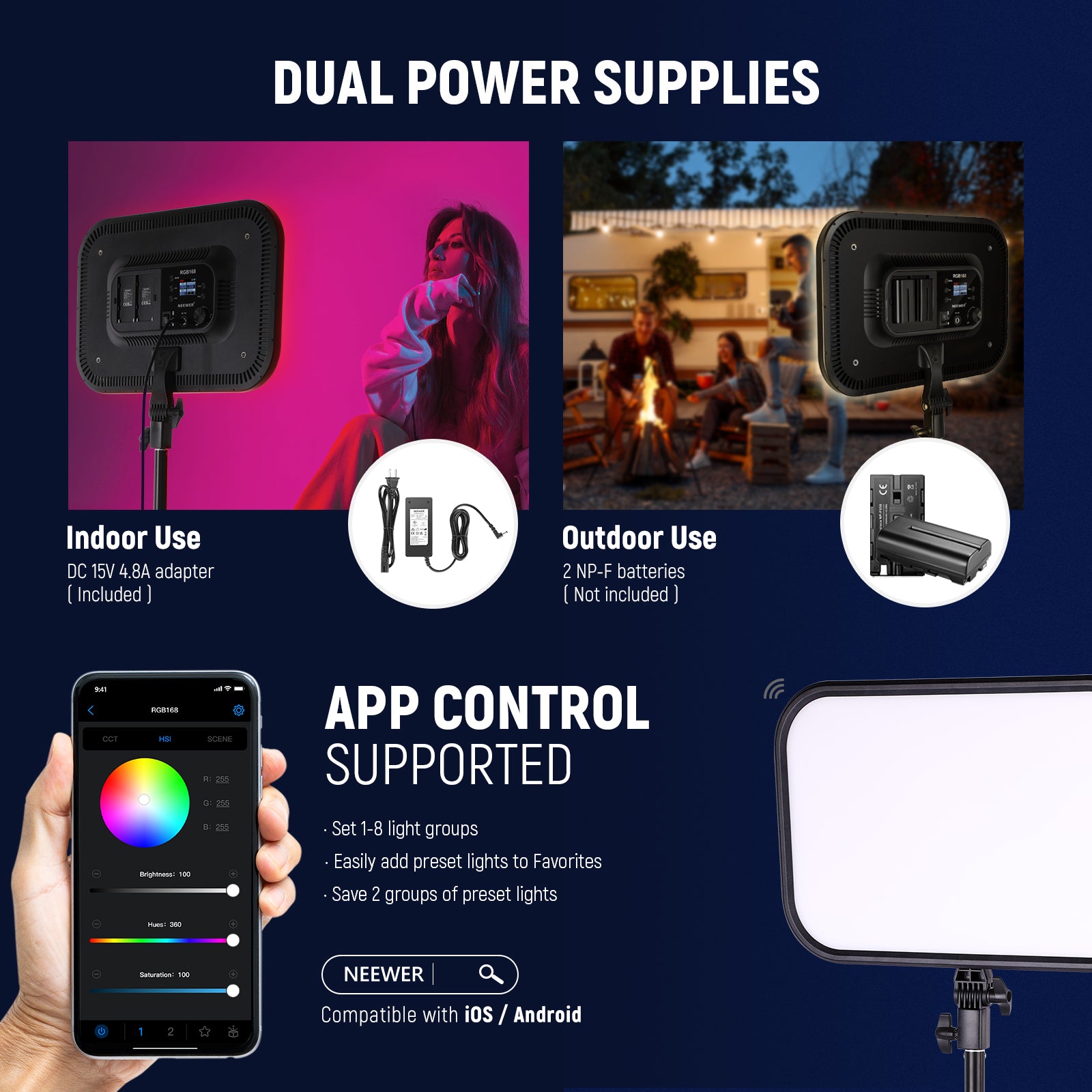 NEEWER RGB168 18.3 Inch LED Light Panel offers dual power supplies.