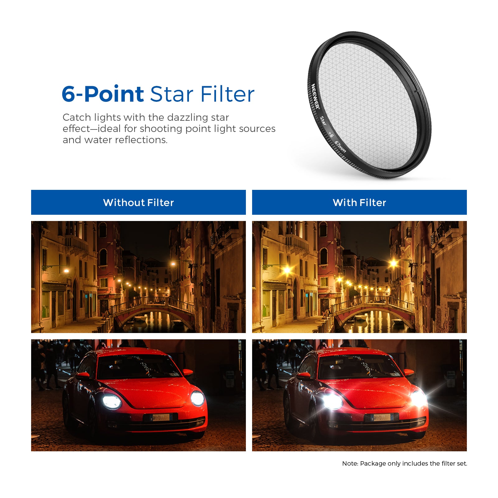 Use the 6 point starburst filter to add 6 light rays