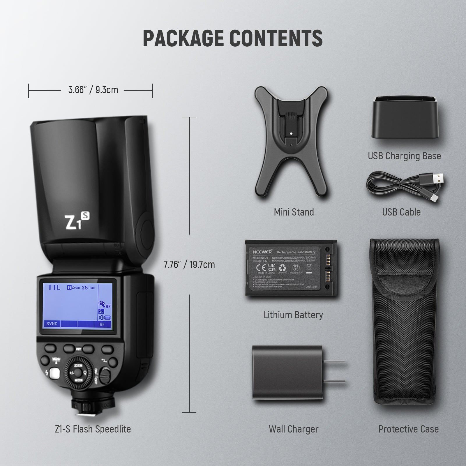 Package Contents of the NEEWER Z1-S Flash For Sony Cameras