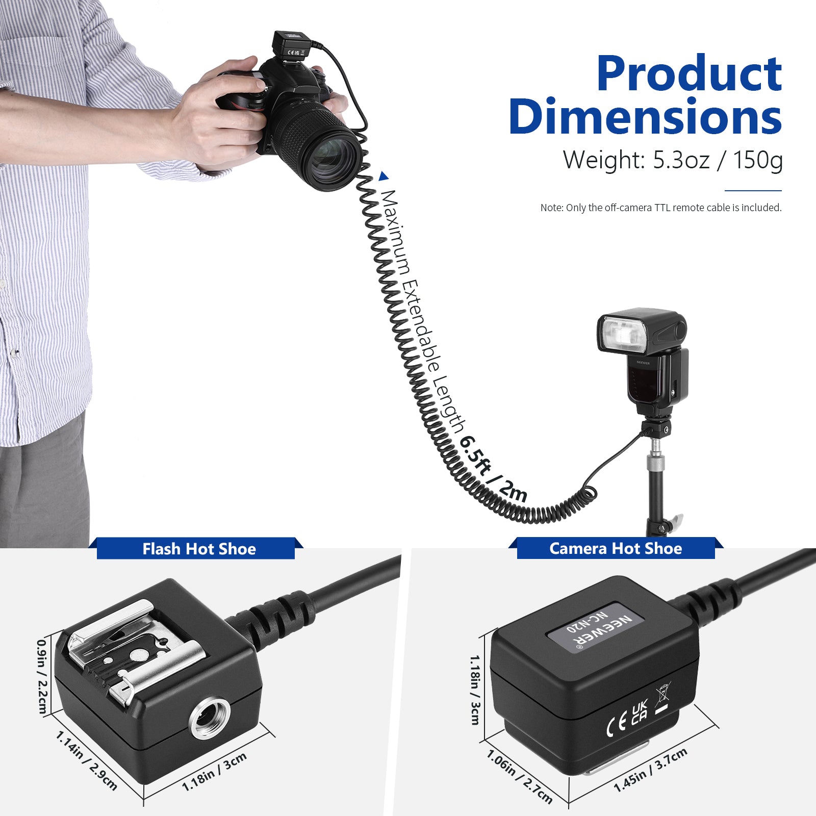 Product dimensions of the NEEWER TTL Off Camera Flash Speedlite Cord