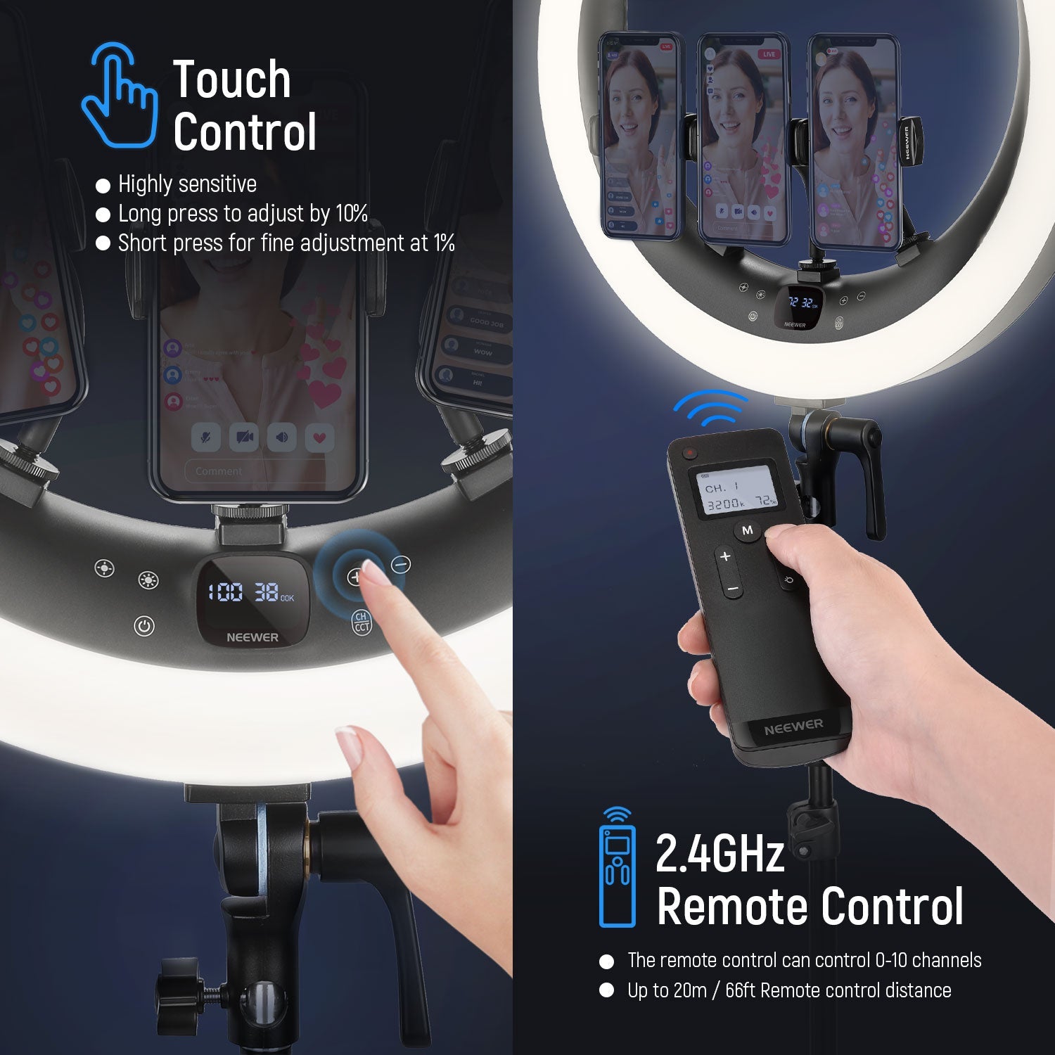2 ways can control the NEEWER RP19H 19 Inch LED Ring Light With 3 Phone Holders.