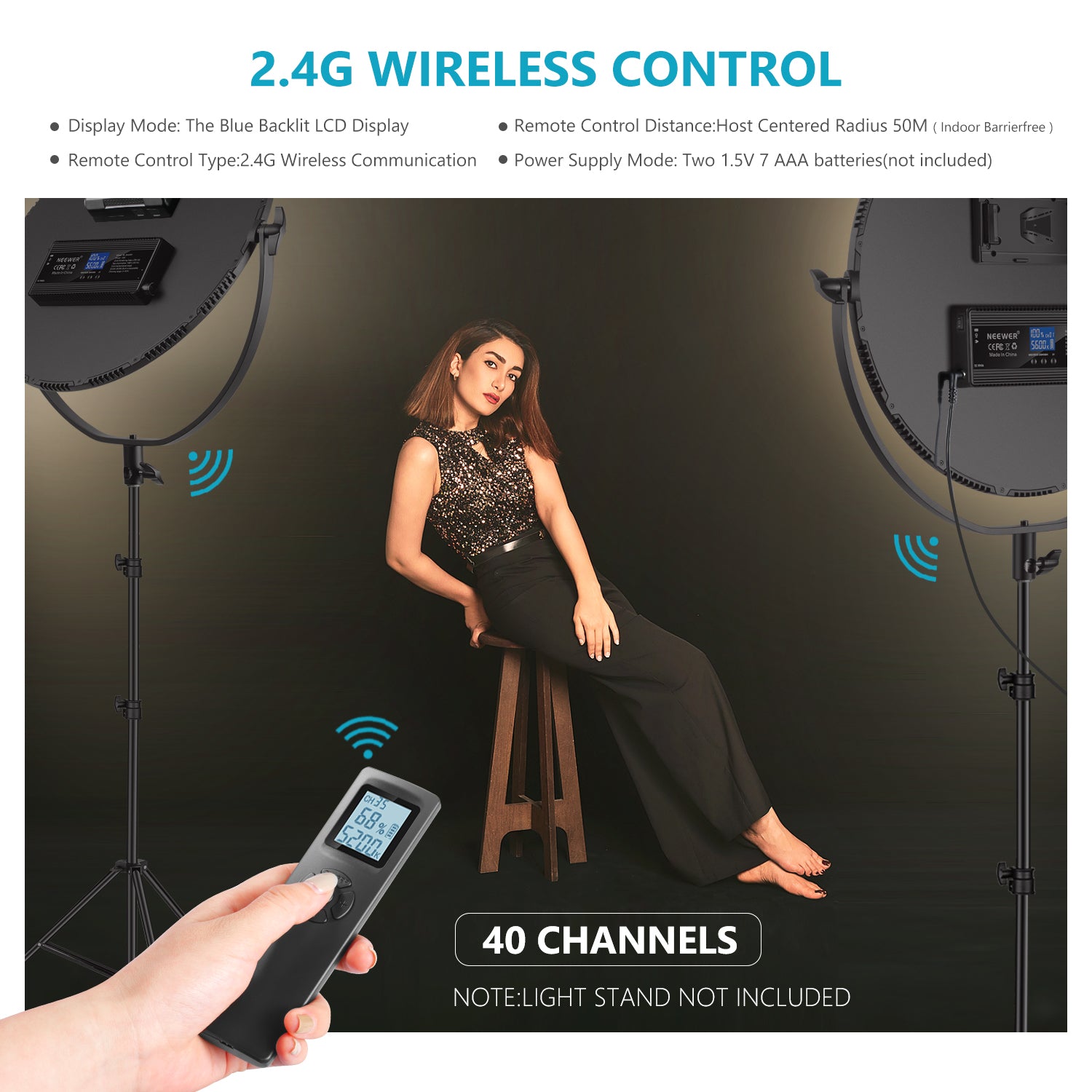 Use the wireless remote to control the NEEWER NL-360ARC Bi-Color Round LED Light