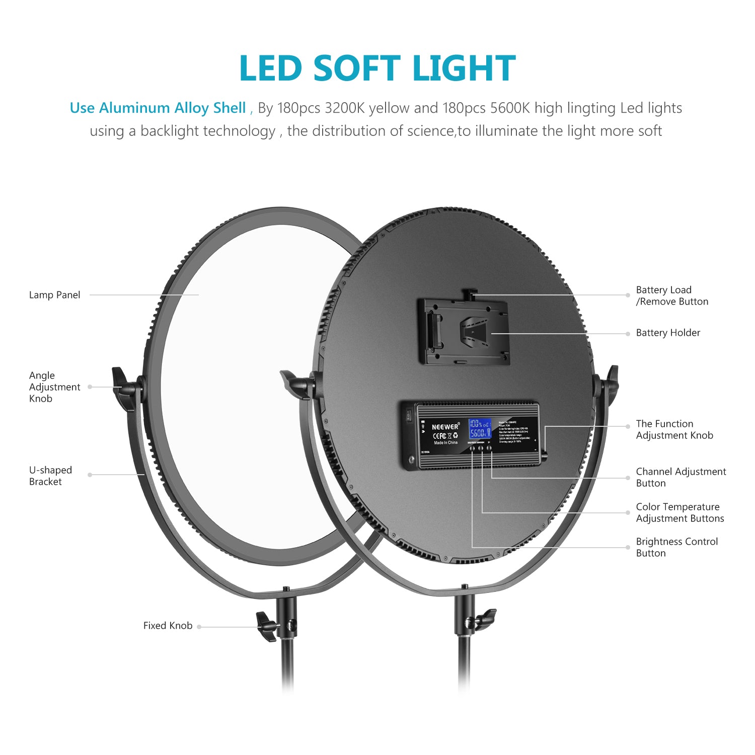NEEWER NL-360ARC Bi-Color Round LED Light uses aluminum shell.