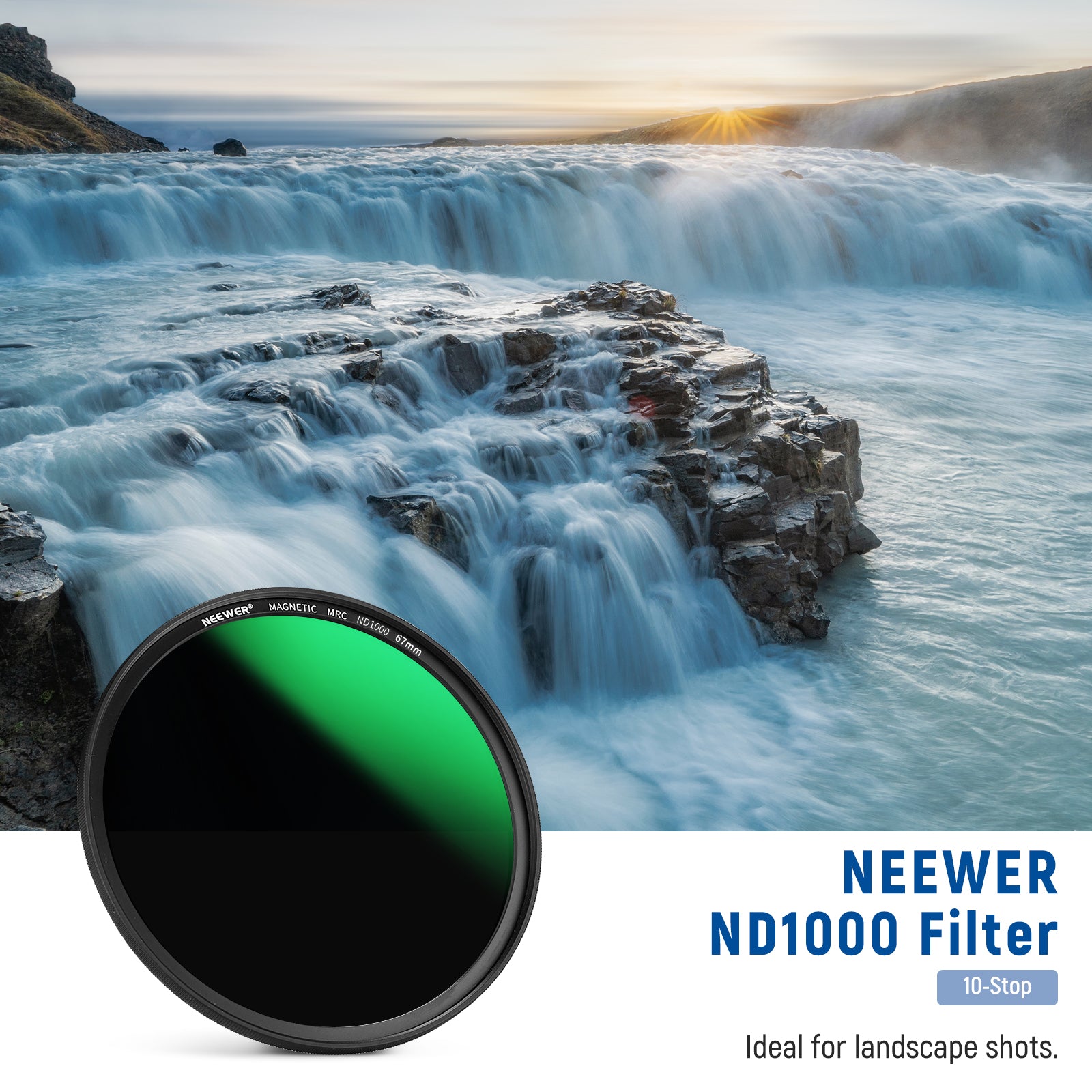 This NEEWER professional magnetic ND1000 filter helps you take photos in bright lighting conditions without overexposing.