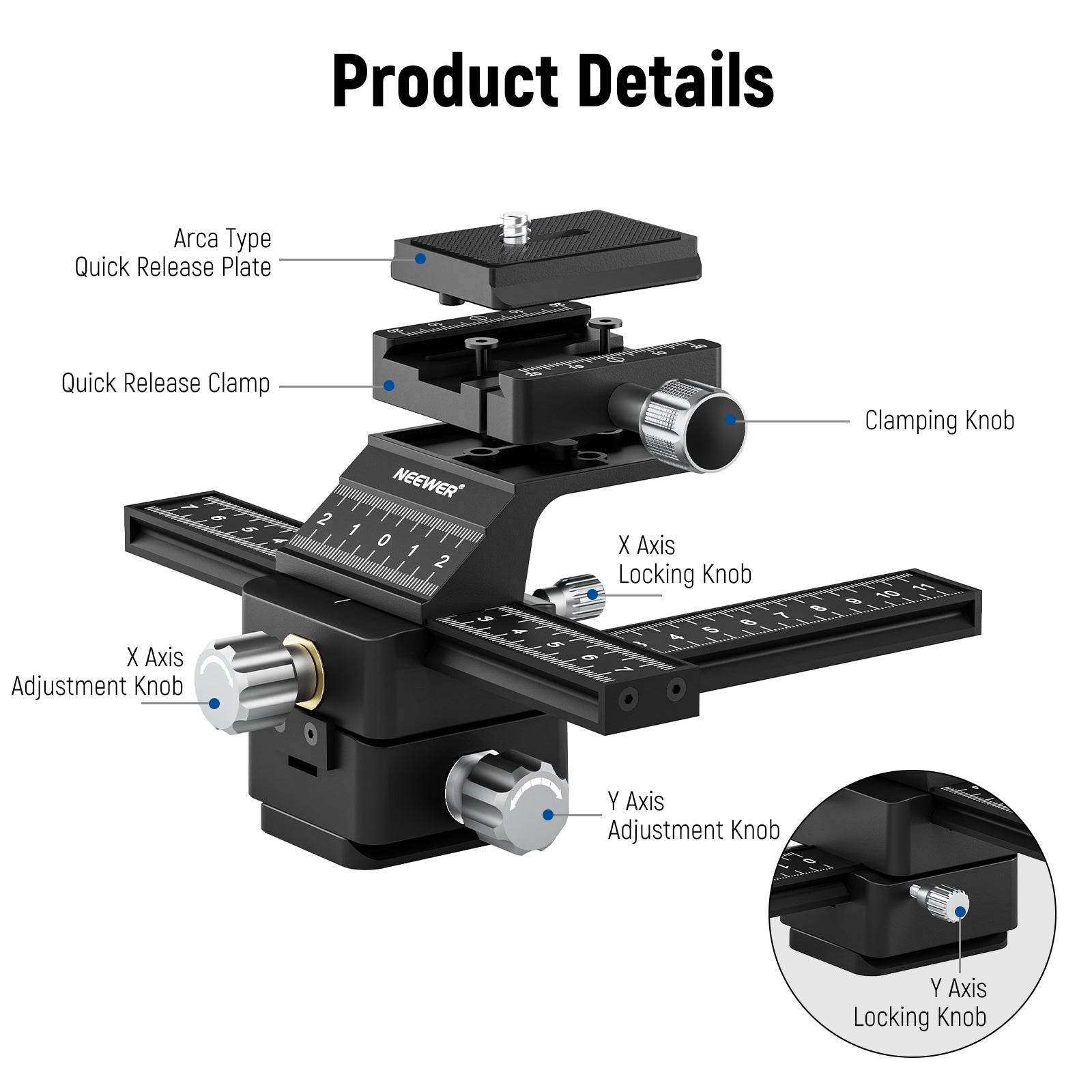 Product details of the NEEWER 4-Way Macro Focusing Rail Slider