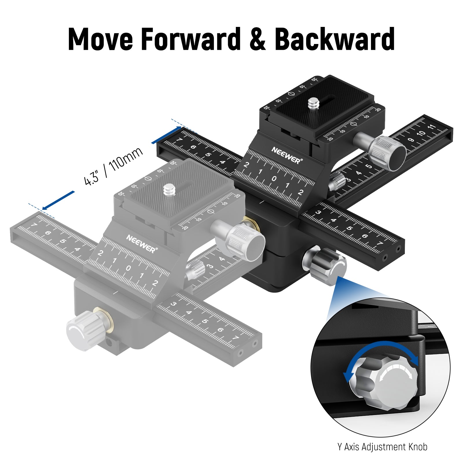 NEEWER 4-Way Macro Focusing Rail Slider can move forward and backward.